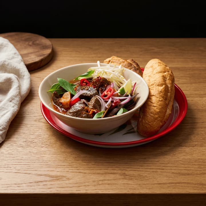 Bo kho vietnamese beef stew star anise lemongrass carrots baguette macro bowl — bo kho FAQ sidebar photography