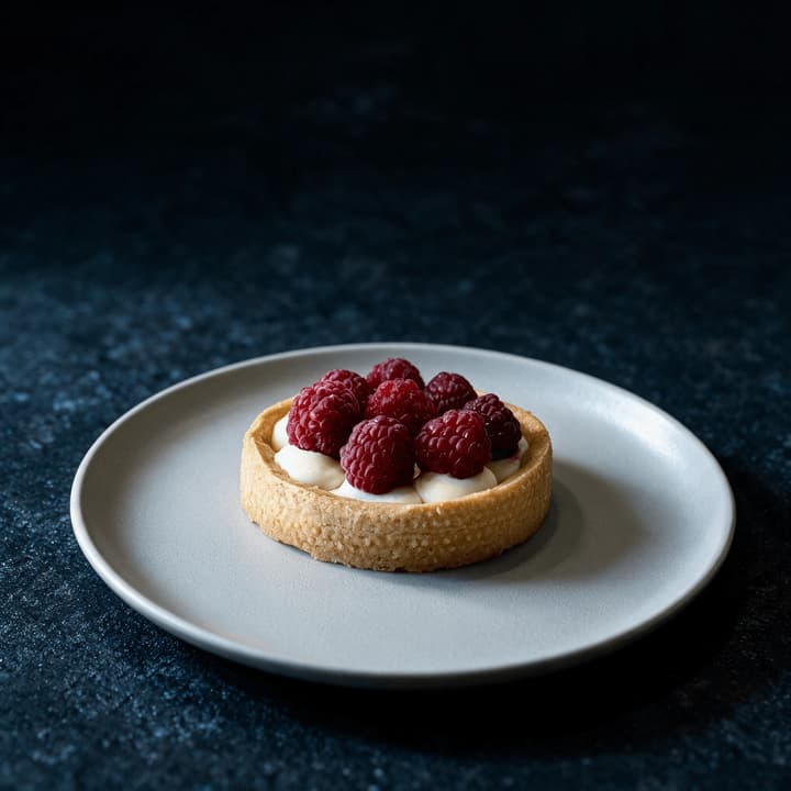 Close up of a raspberry and vanilla cream tartlet on a pale ceramic plate against a dark slate surface