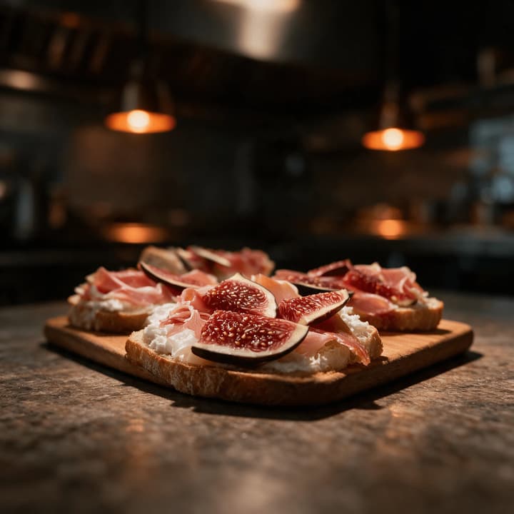 Close-up of prosciutto draped over halved fresh figs and soft cheese on toasted sourdough on a wooden board in a warm, dimly lit room