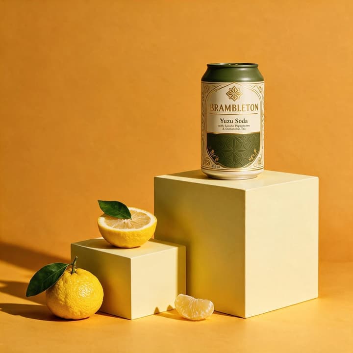 Citrus soda can staged on yellow plinths with fresh lemons — art-directed beverage photography by FoodShot AI