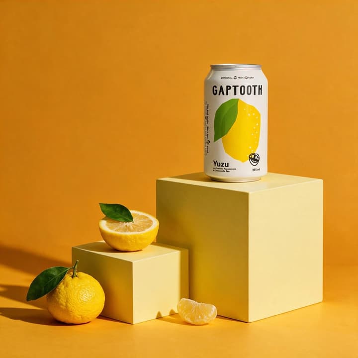 Citrus soda can staged on yellow plinths with fresh lemons — art-directed beverage photography by FoodShot AI