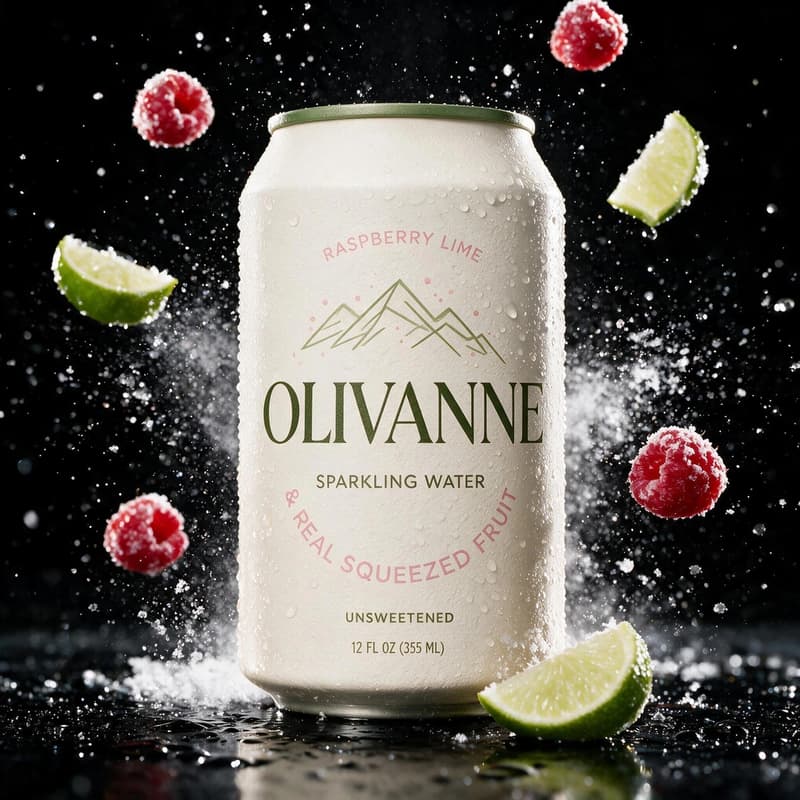 Sparkling water can with frozen berries and frost burst on black — RTD beverage style by FoodShot AI