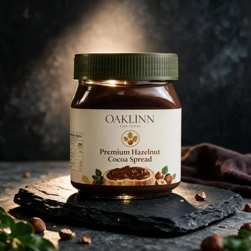 Chocolate spread jar in a gilded spotlight scene — consistent premium look across SKUs