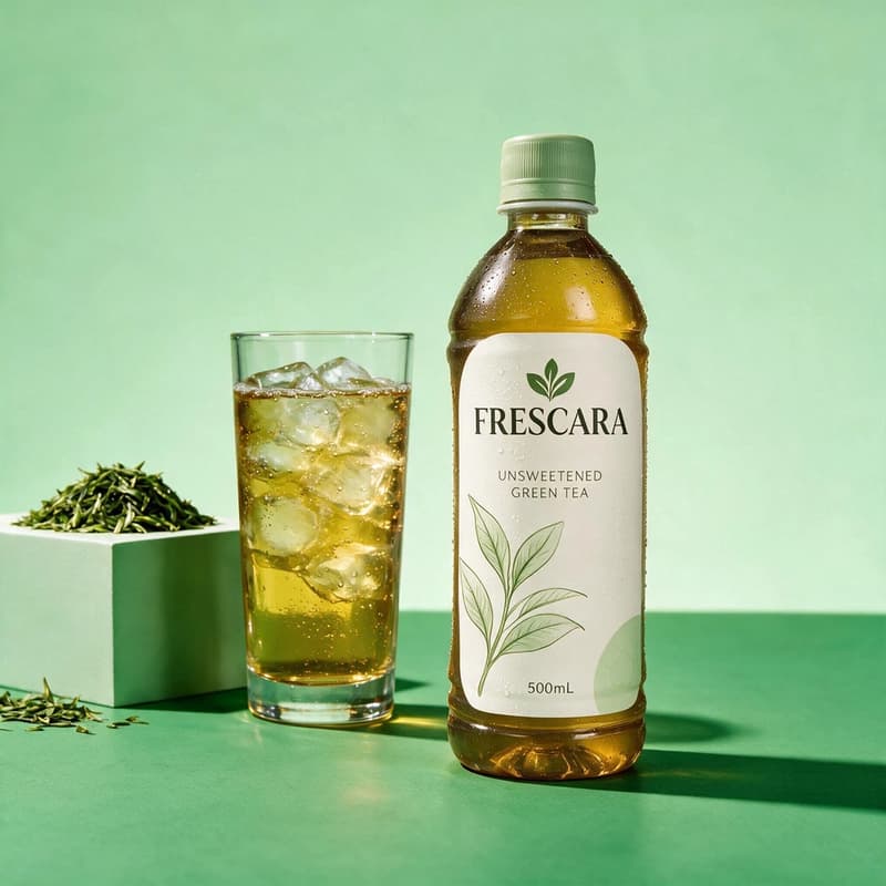 Green tea bottle and glass in a monochrome brand-color scene — consistent look across beverage SKUs