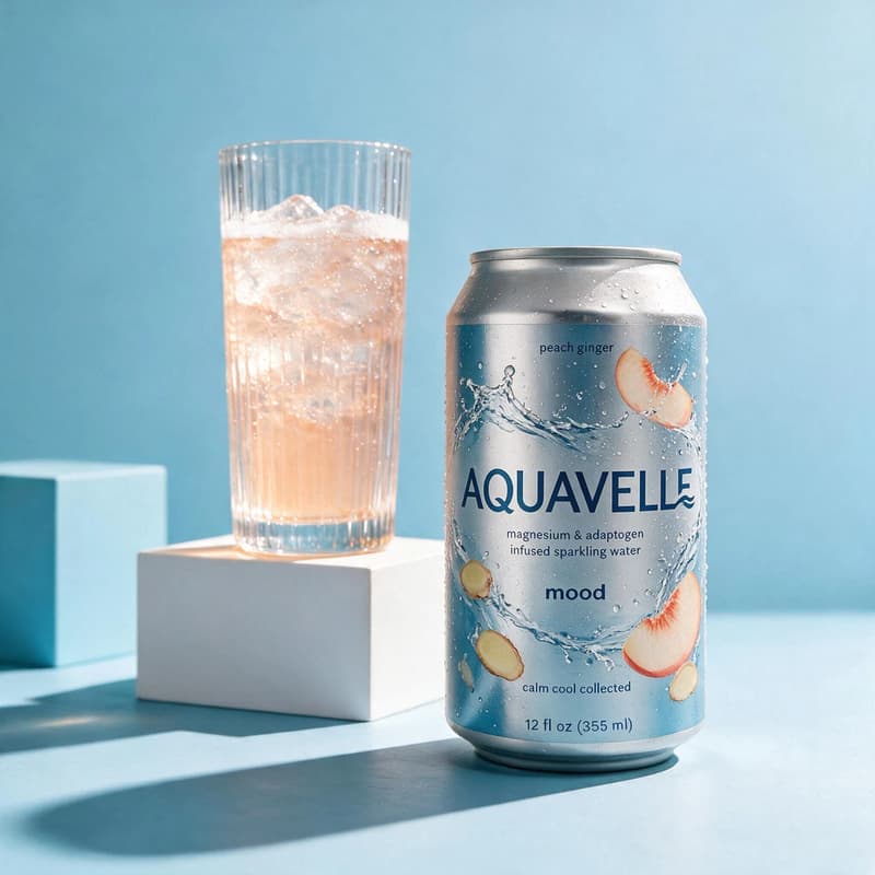 Sparkling water can and iced glass staged on a white plinth against a sky-blue studio set