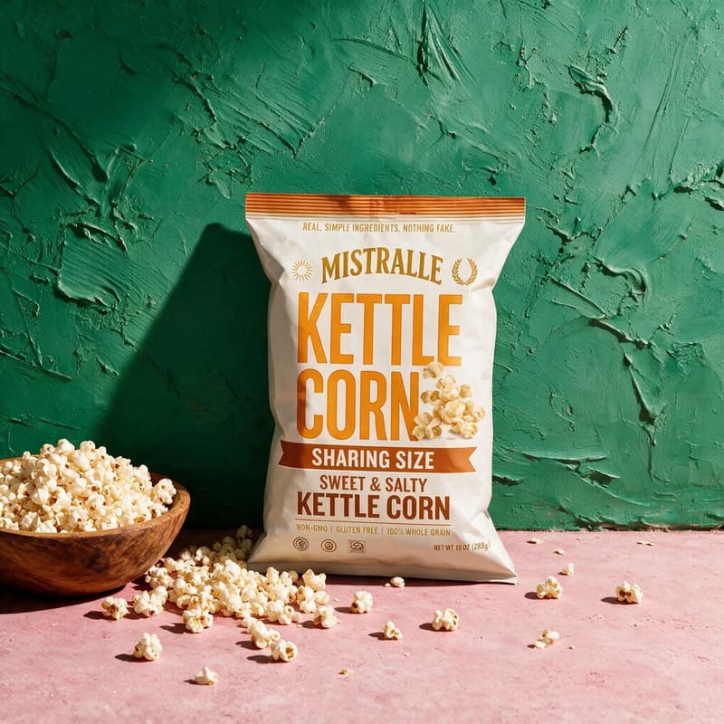 Popcorn bag staged against a jade plaster wall with scattered popcorn