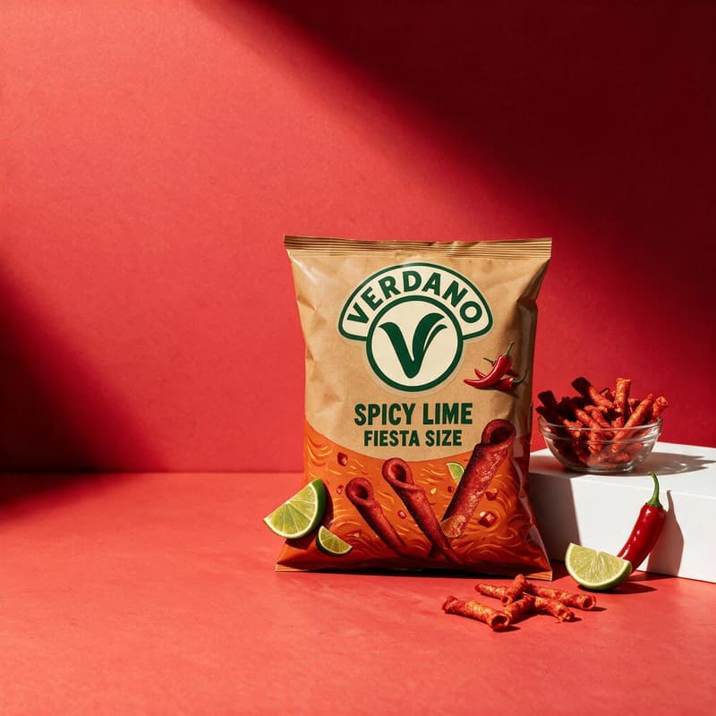 Snack bag hero on a saturated red set with hard shadow and white podium