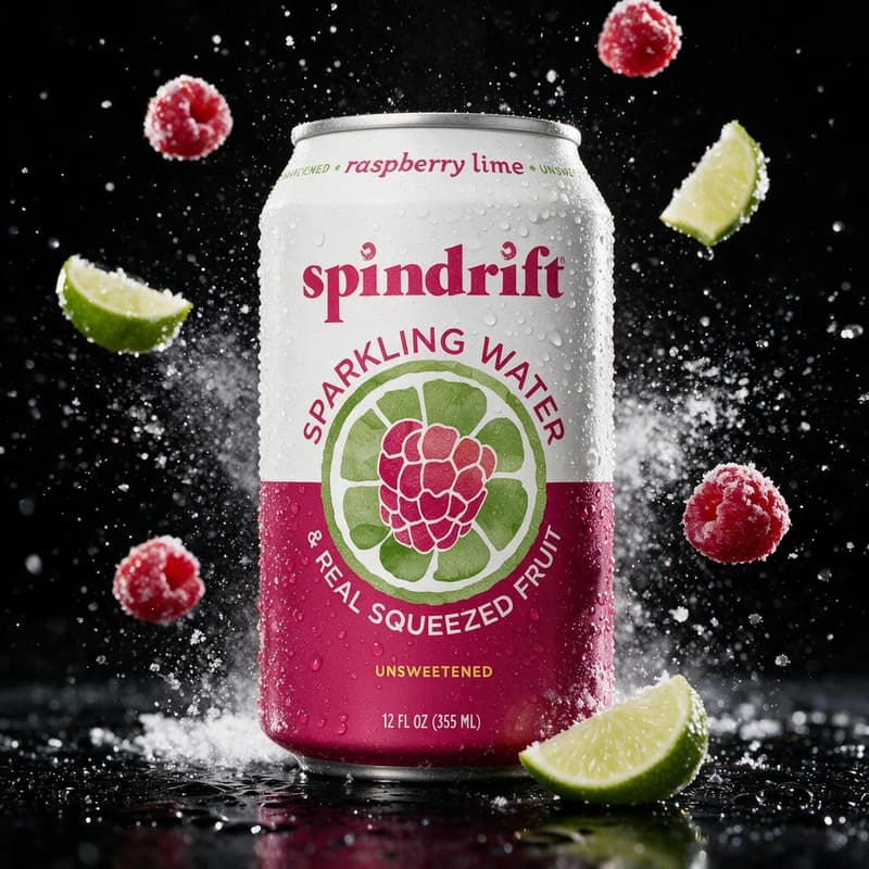 Sparkling water can with frozen berries and frost burst on black — RTD beverage style by FoodShot AI