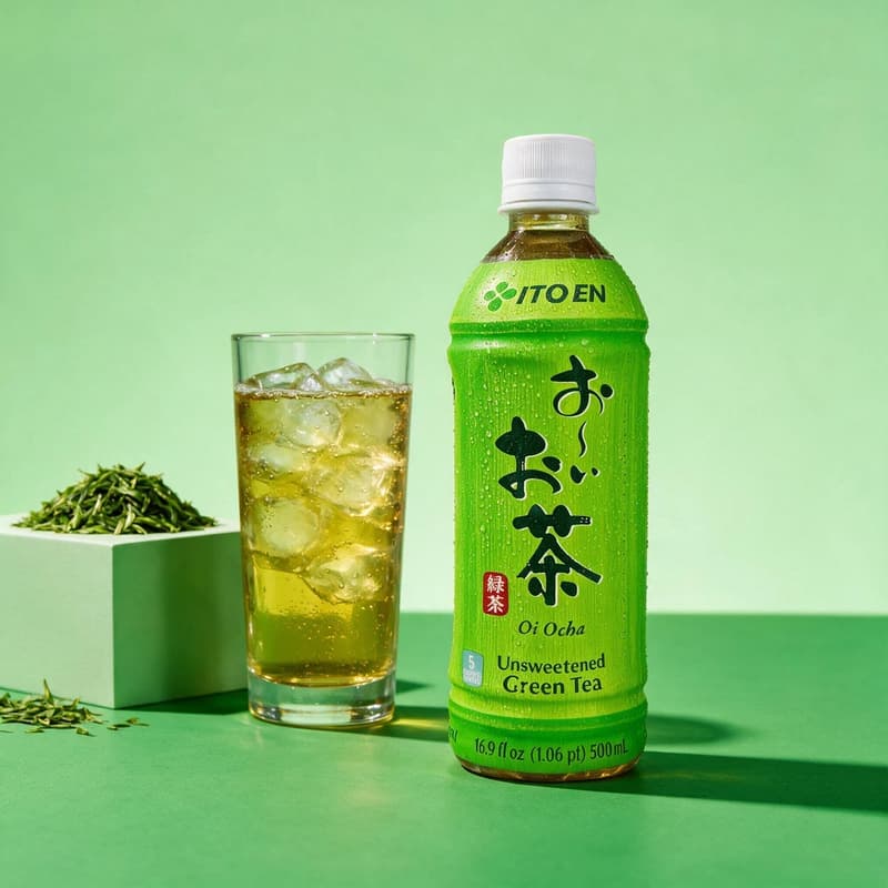 Green tea bottle and glass in a monochrome brand-color scene — consistent look across beverage SKUs