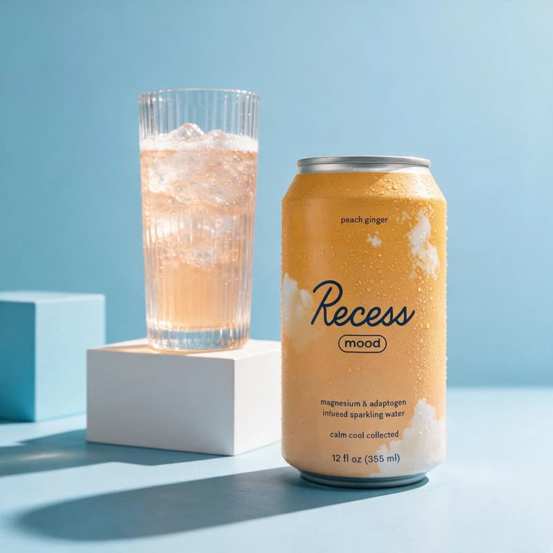 Sparkling water can and iced glass staged on a white plinth against a sky-blue studio set