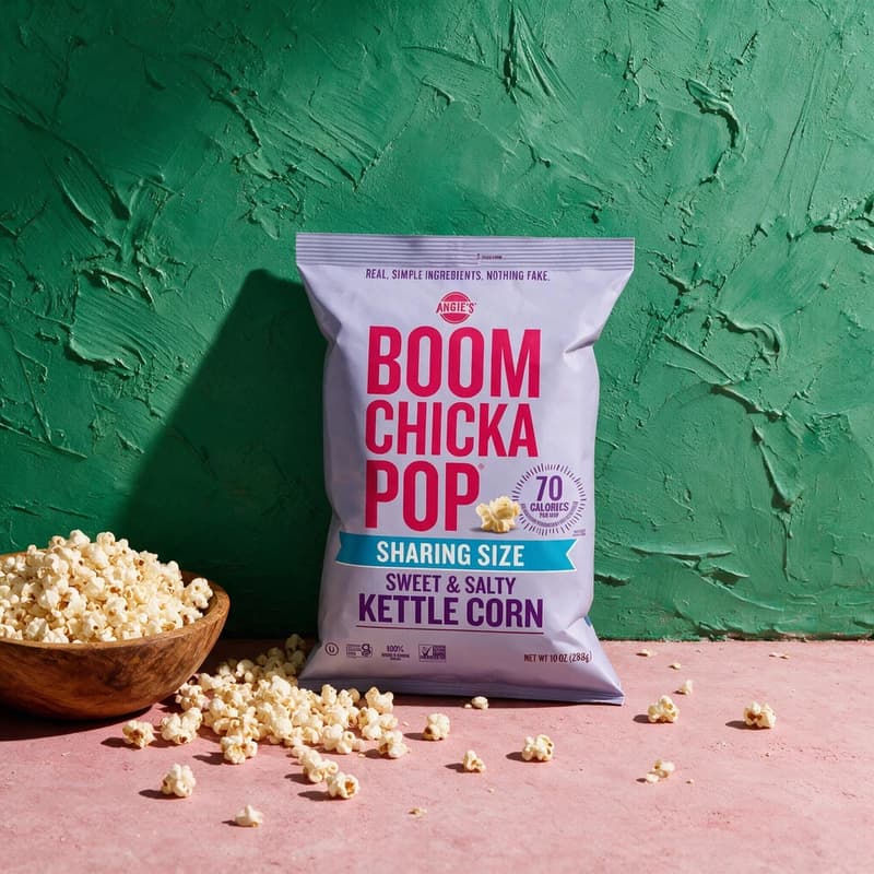 Popcorn bag staged against a jade plaster wall with scattered popcorn