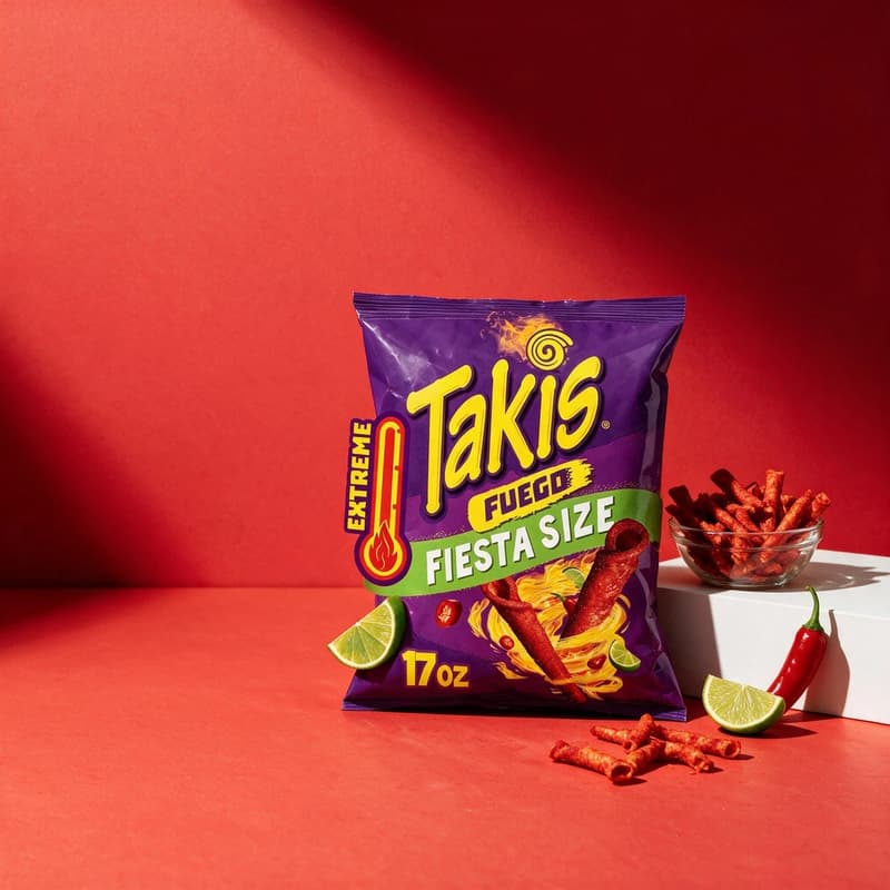 Snack bag hero on a saturated red set with hard shadow and white podium
