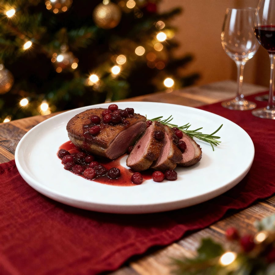 Christmas Dinner Style Duck Breast Warm Lighting Food Photo