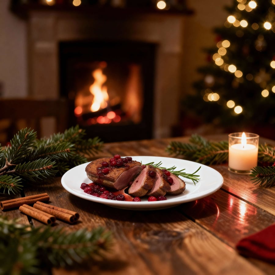 Christmas Intimate Home Style Duck Breast Fireplace Candlelight Food Photo