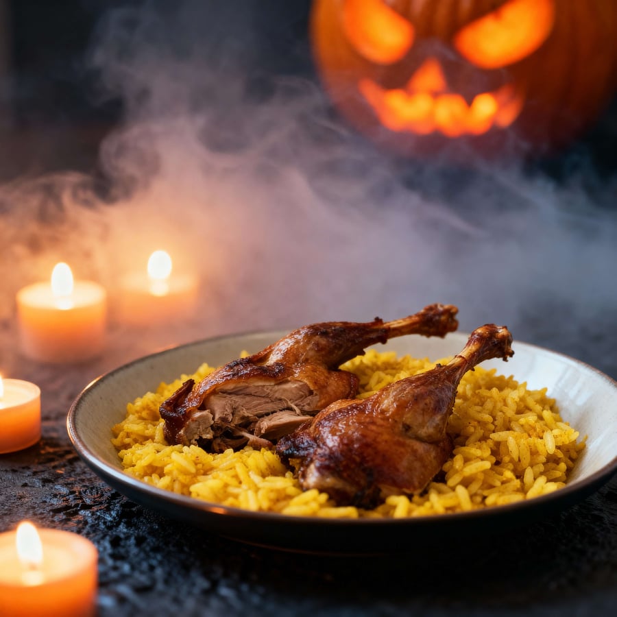 Halloween Spooky Pumpkin Decorated Chicken Biryani Photography