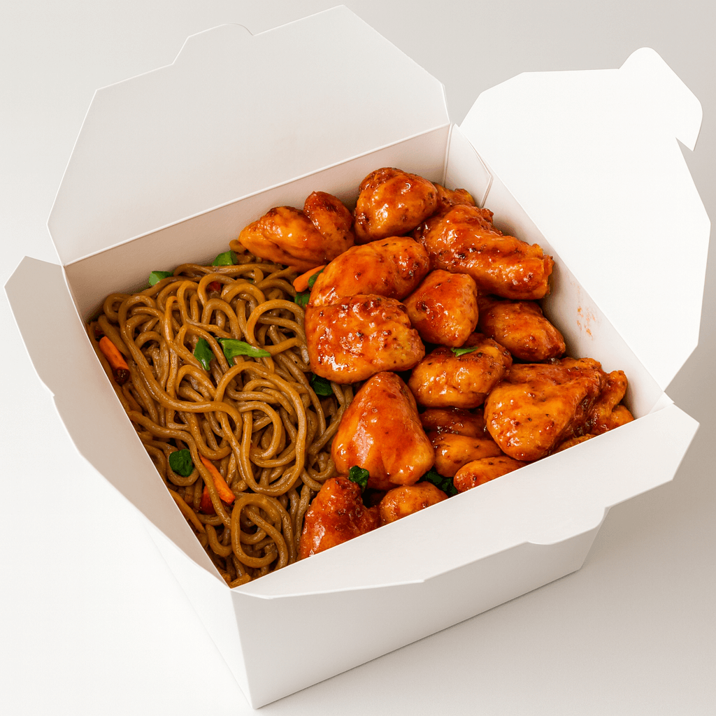 Orange Chicken with Chow Mein – Chinese Takeout Favorite Takeout box filled with glossy golden-orange glazed chicken pieces nestled beside a portion of chow mein noodles — popular Chinese delivery menu item