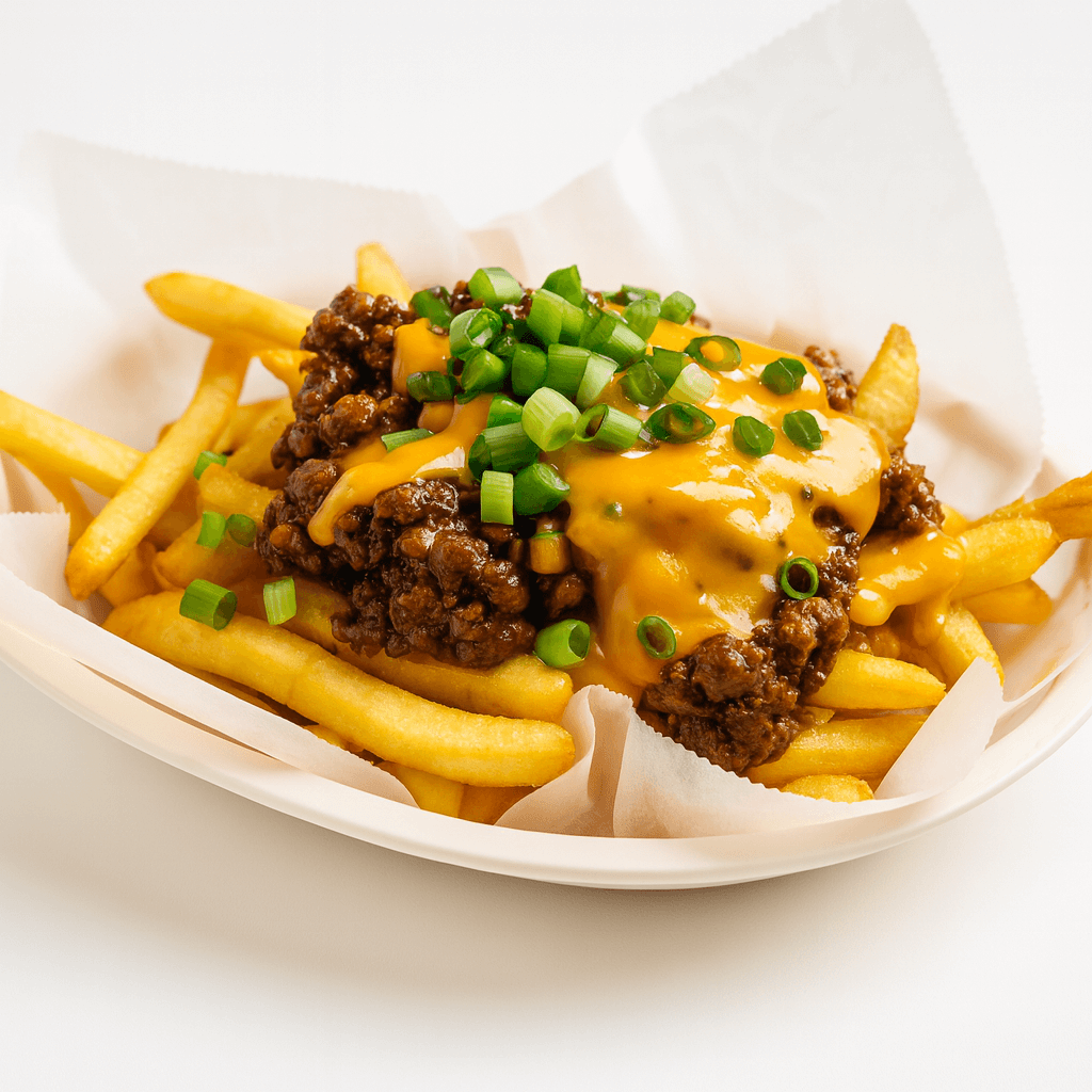 Loaded Cheese Fries – DoorDash Snack Photo (Fries Favorite) Loaded cheese fries in a takeout dish — French fries are the most ordered item on DoorDash, perfect snack-style menu photo