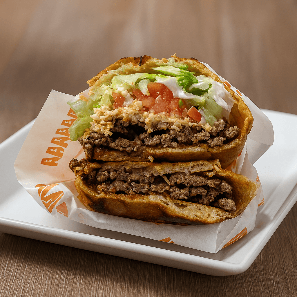 Crunchwrap Supreme – Popular Fast Food Delivery Item Crunchwrap Supreme with crispy tortilla filled with beef, lettuce, tomato, and cheese — popular Taco Bell style menu item for delivery apps