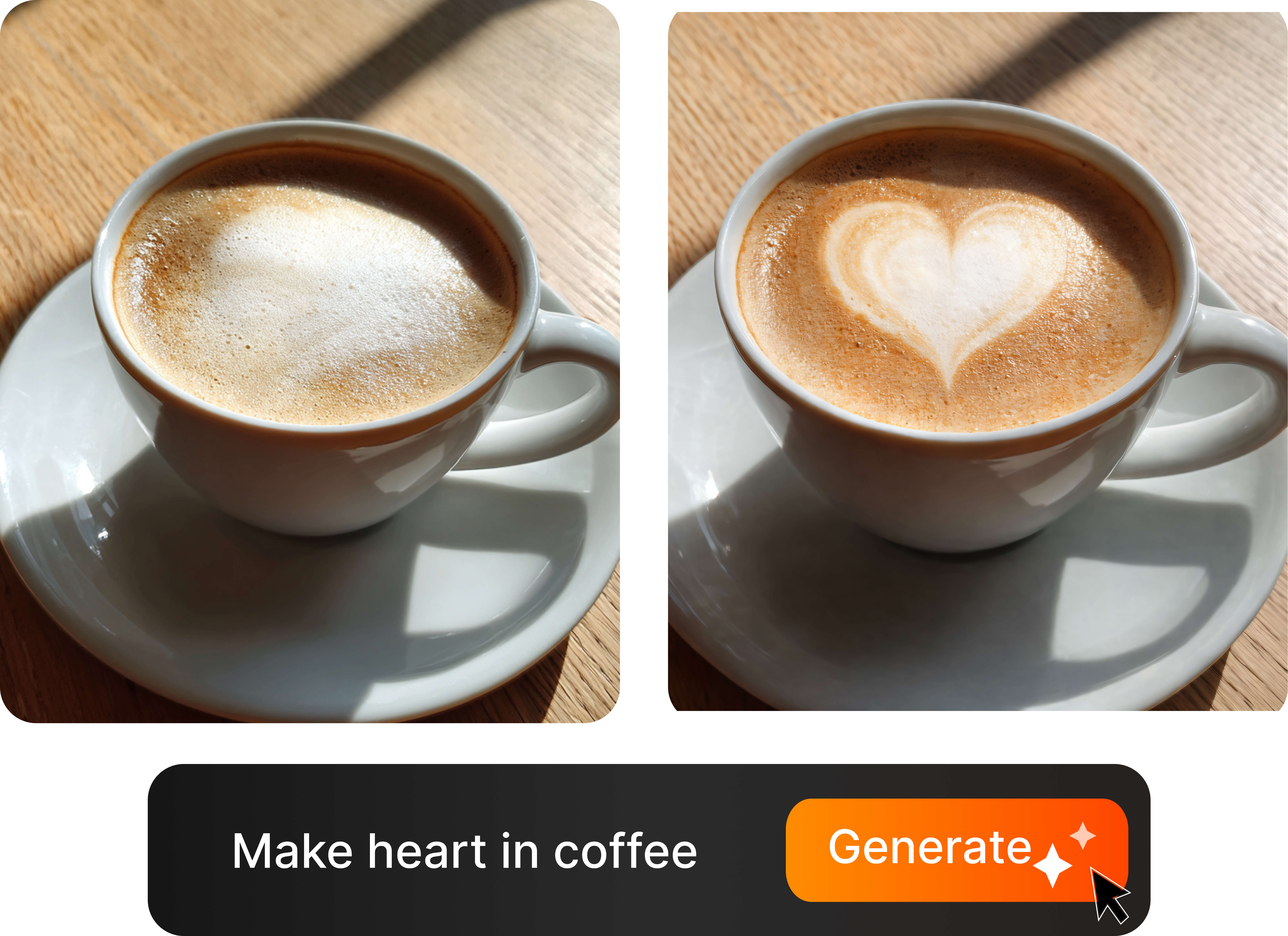 Beverage edited with 'Add foam design' command — cup, lighting and background unchanged