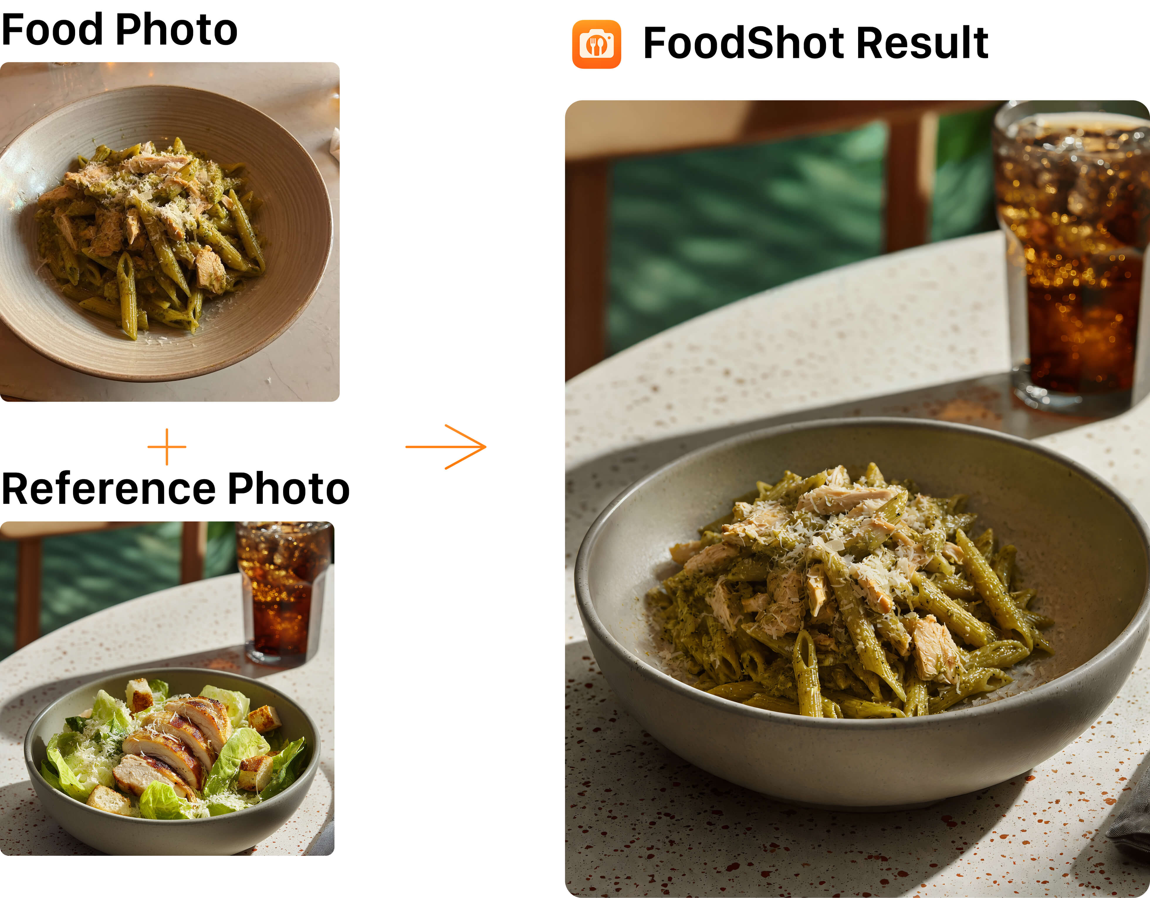 Reference placement — pesto penne dish placed into the reference scene; lighting, angle and color mood cloned