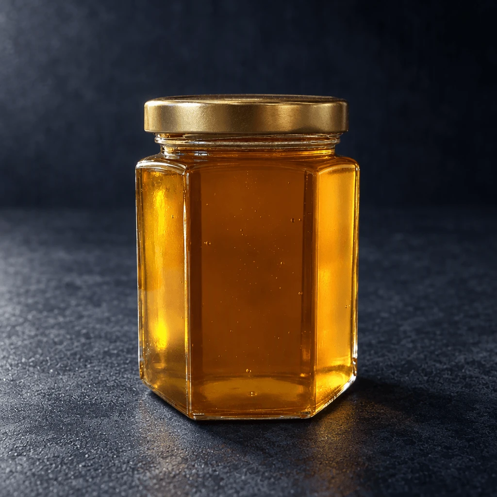 Single unlabelled hexagonal glass jar of golden wildflower honey standing on a seamless pure white background with a soft grounded contact shadow