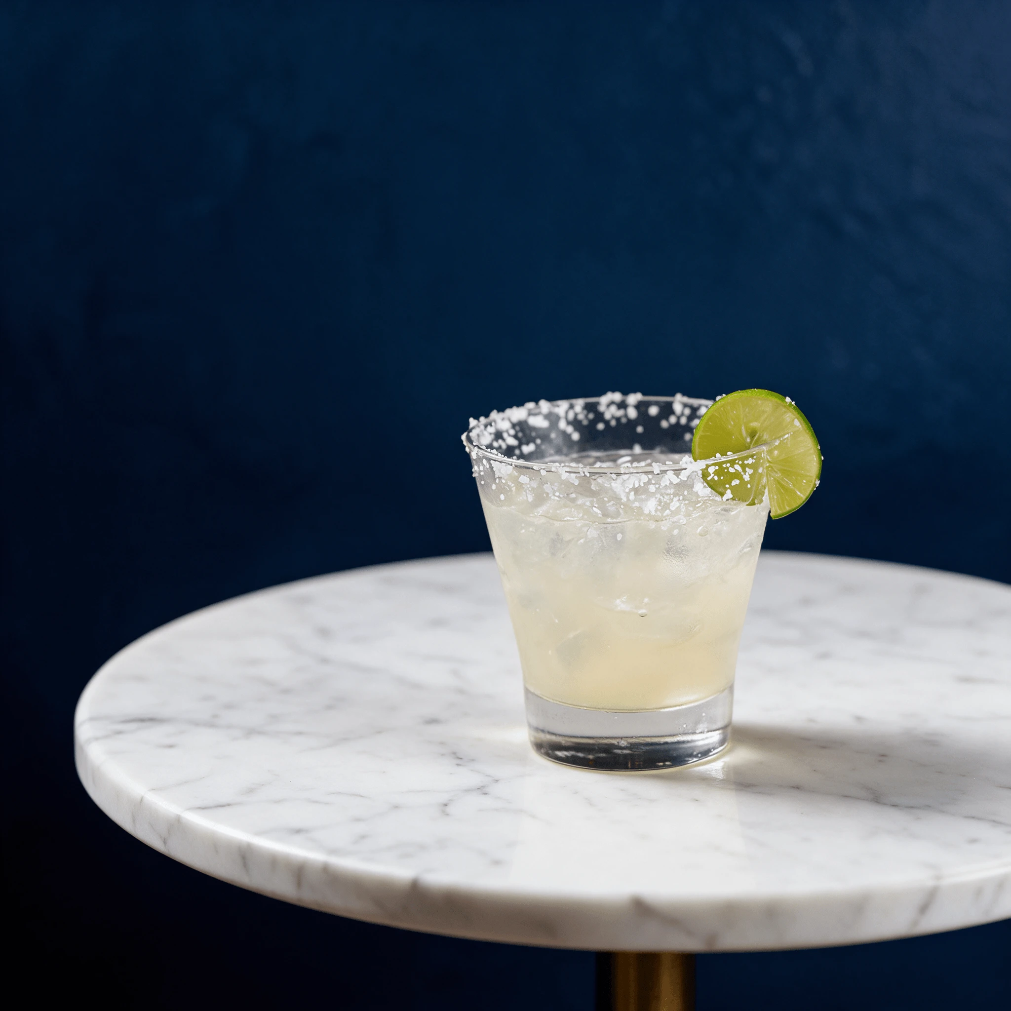 Classic margarita with salt rim on a white marble bistro table — cocktail menu photography