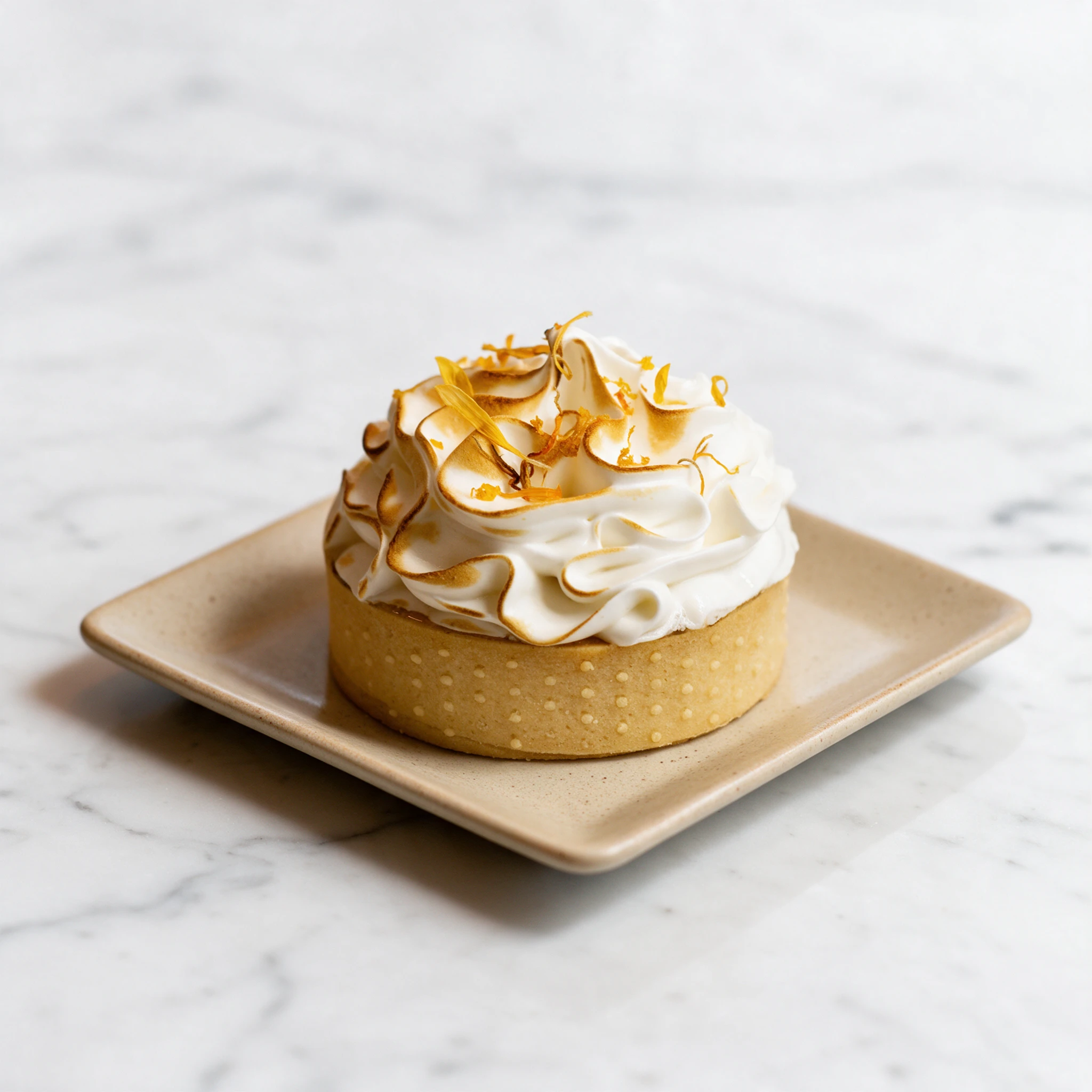 Lemon meringue tart with torched peaks on white marble — patisserie food photography