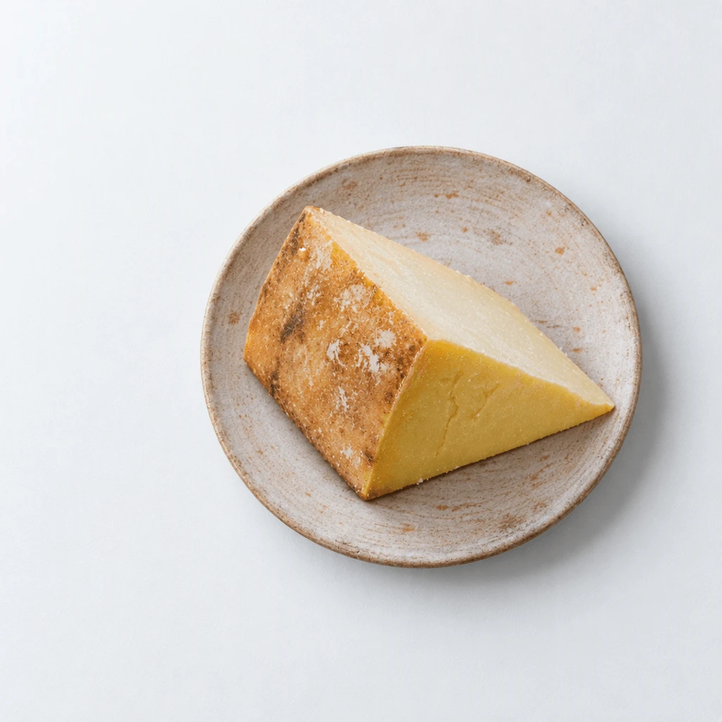 Single wedge of aged farmhouse cheddar with a natural mottled rind on a speckled ceramic plate against a seamless white background