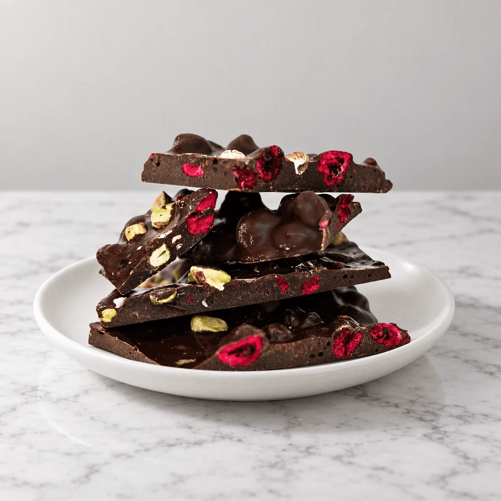 Leaning stack of dark chocolate bark shards with pistachios and dried cherries on a small white plate over white marble