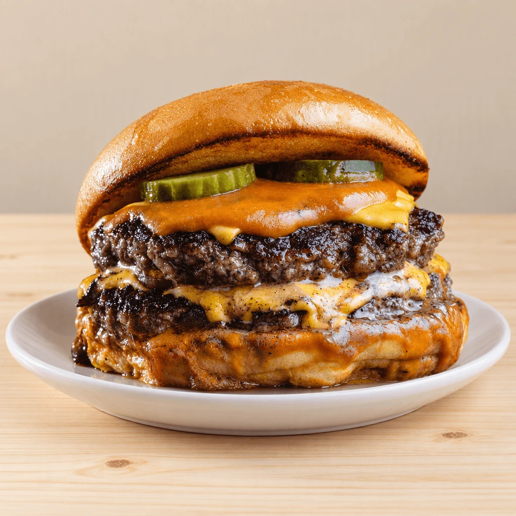 Single double smash cheeseburger with melted yellow cheese and crisp lacy beef edges on a plain white plate, shot low from the front