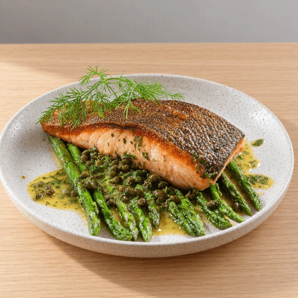 Single pan-seared salmon fillet with crisp golden skin on asparagus in caper butter with fresh dill on a speckled white plate on blonde oak