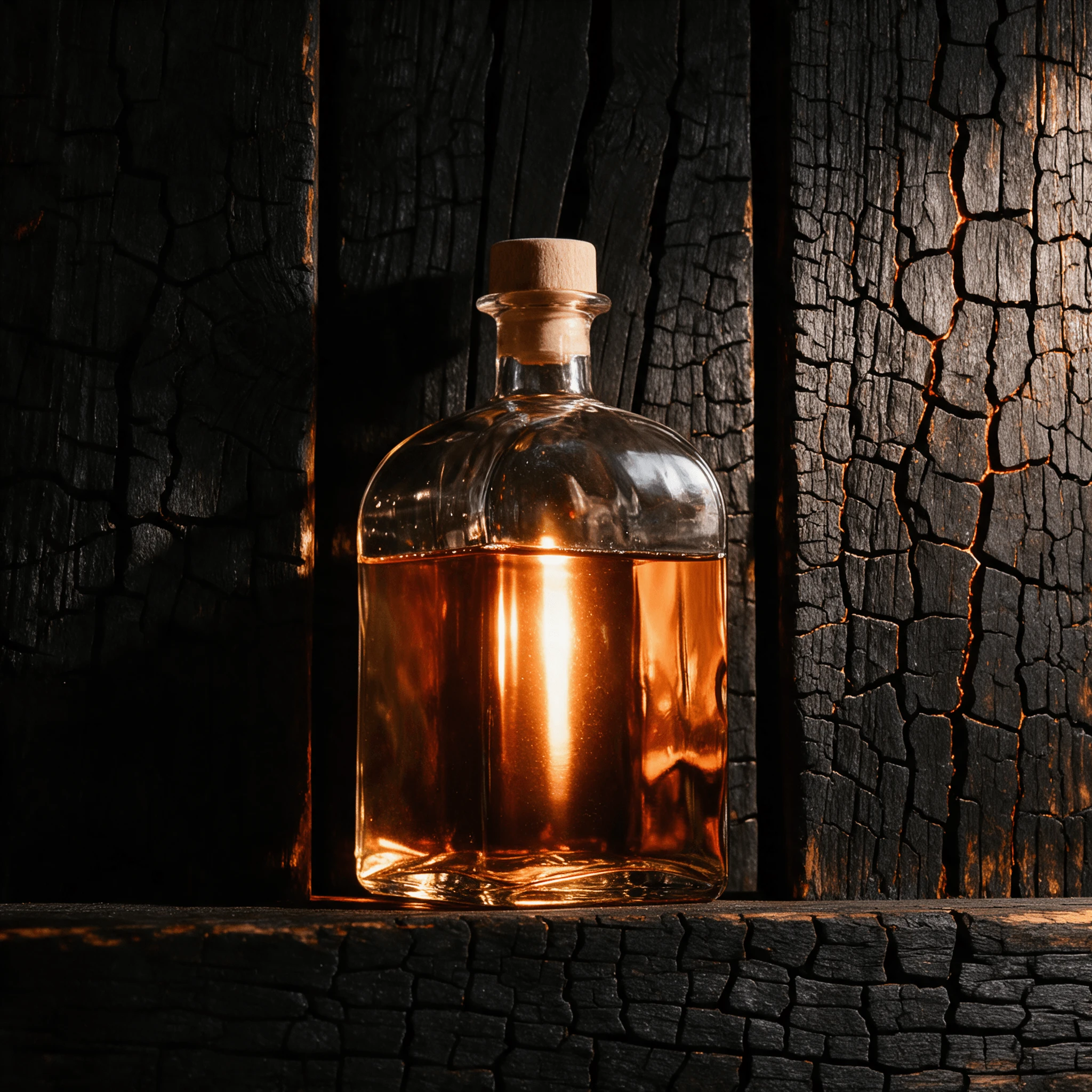 Unlabeled amber whiskey bottle with cork stopper in charred oak — craft spirits bottle photography