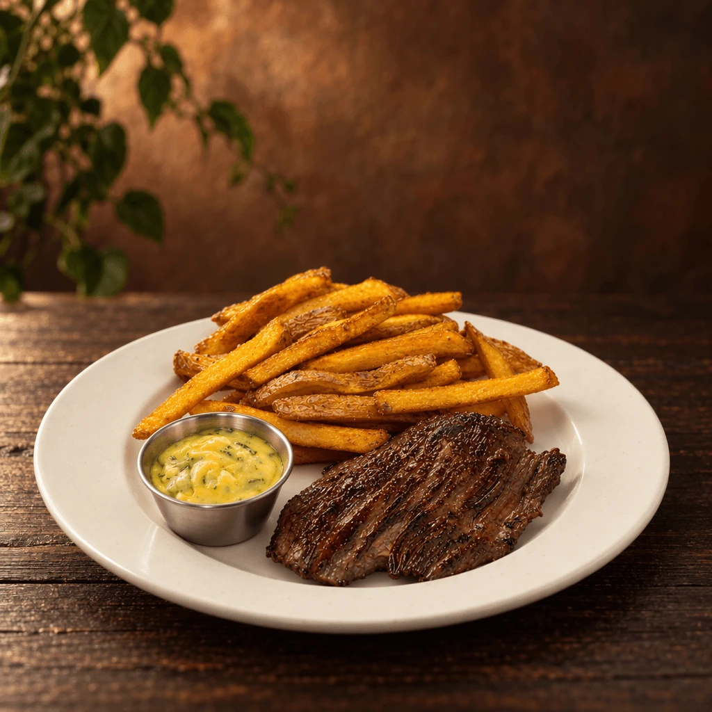 Bistro steak frites with a sliced seared sirloin, a pile of golden fries and a pot of béarnaise on a white plate on dark wood