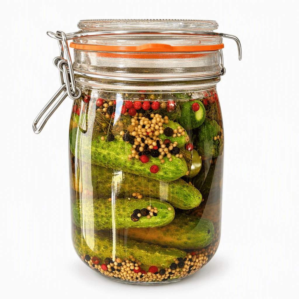 Unlabelled clear glass jar of whole dill pickles in green-gold brine with dill and garlic, on a seamless pure white background