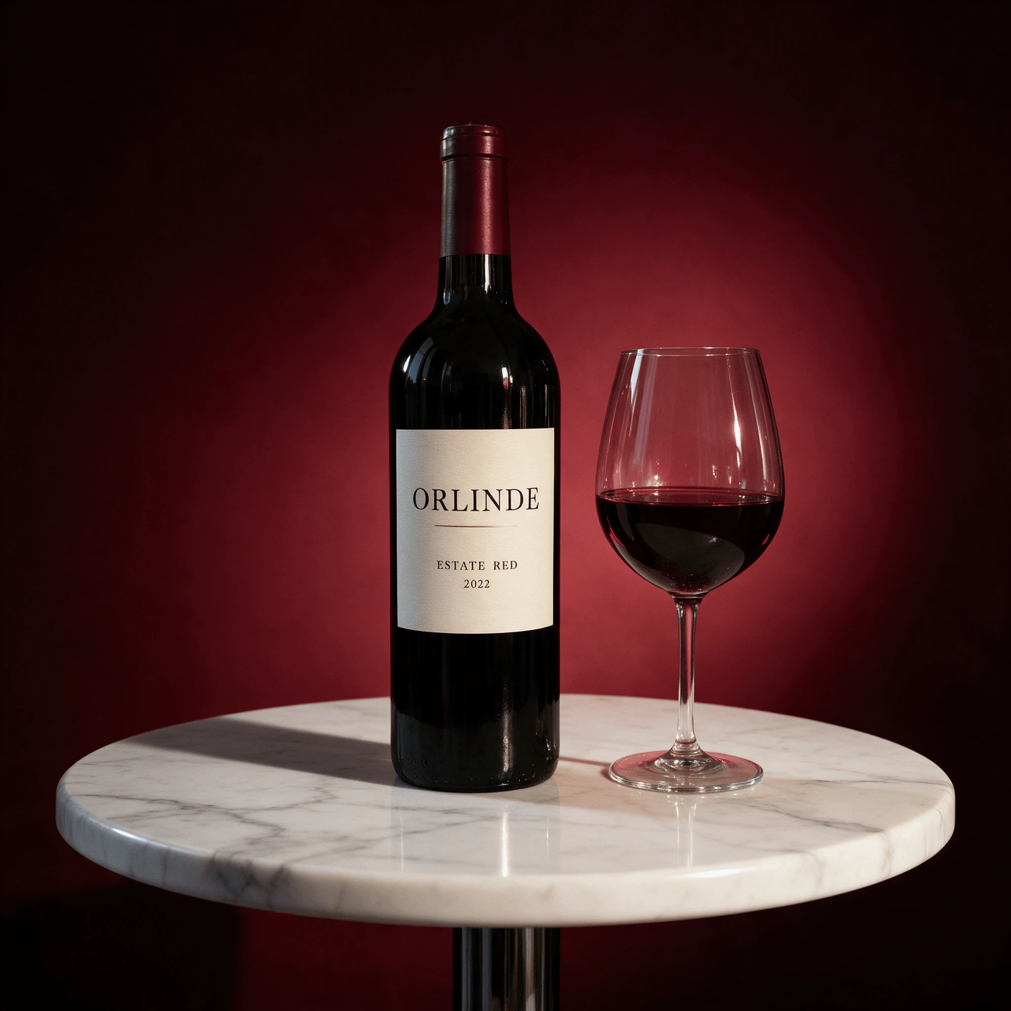 Labeled red wine bottle and glass on a marble pedestal — new-vintage wine photography