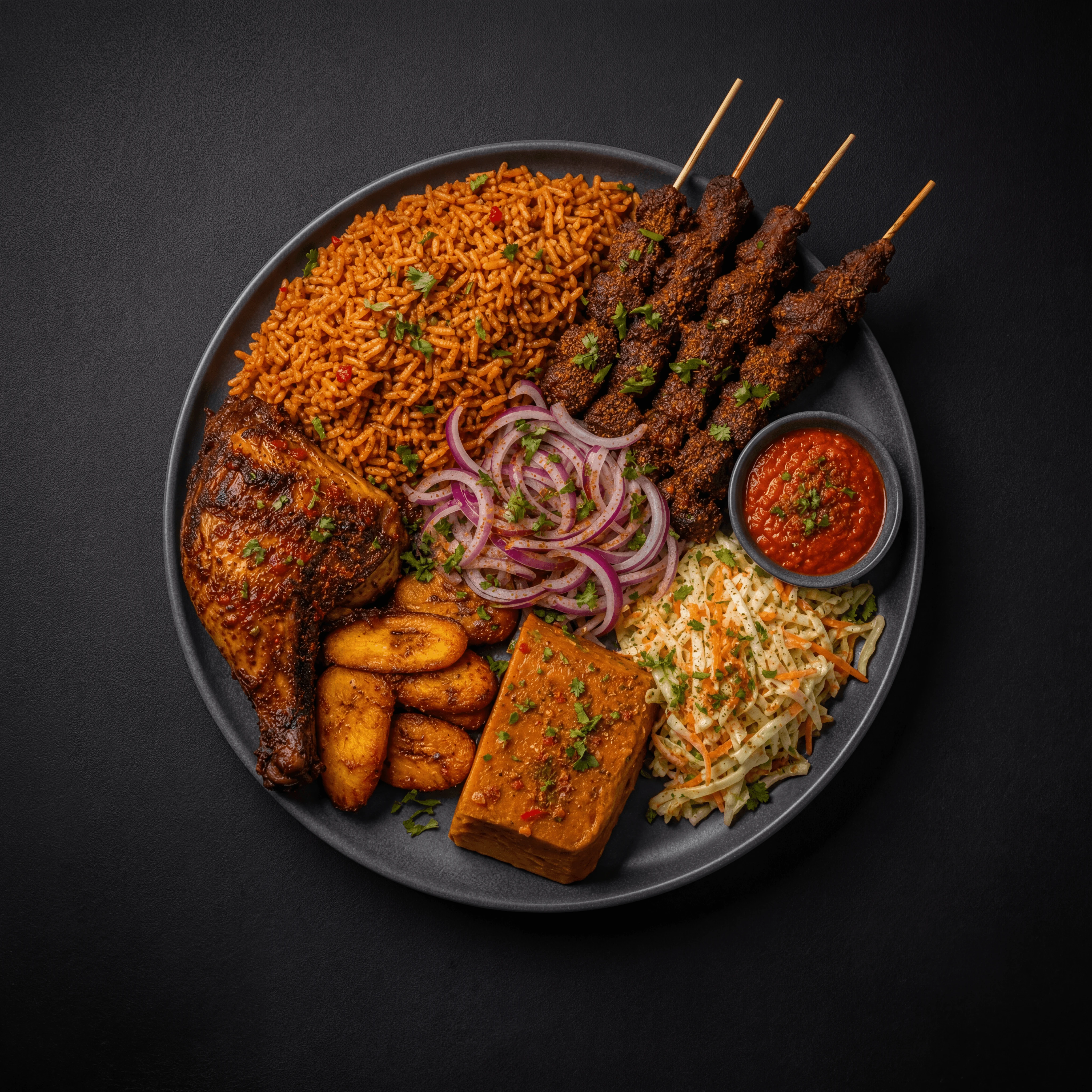 West African plate jollof suya plantains peppered chicken dark monolith — west african card photography
