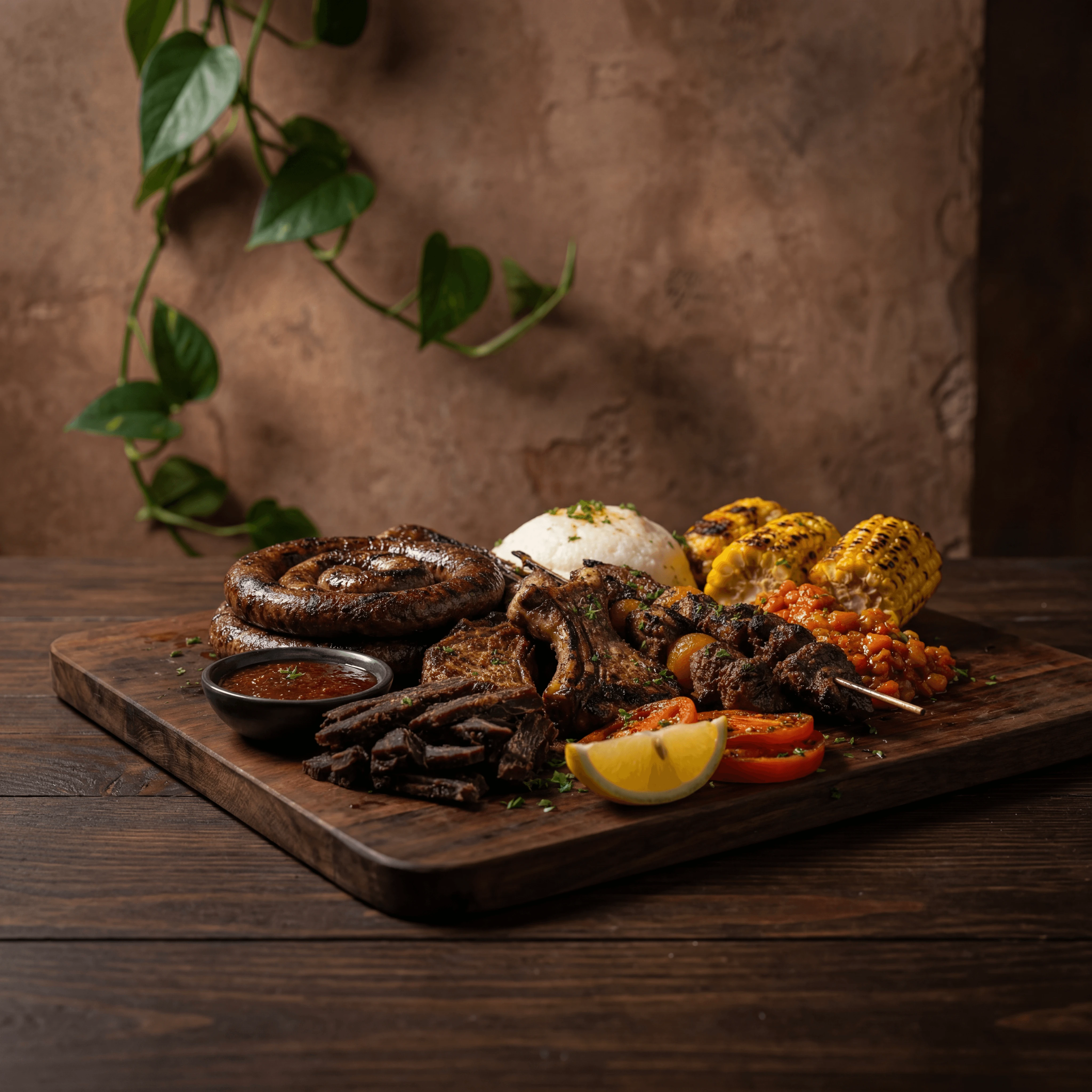 Southern African braai boerewors chakalaka pap grilled meat dramatic rustic — braai card photography