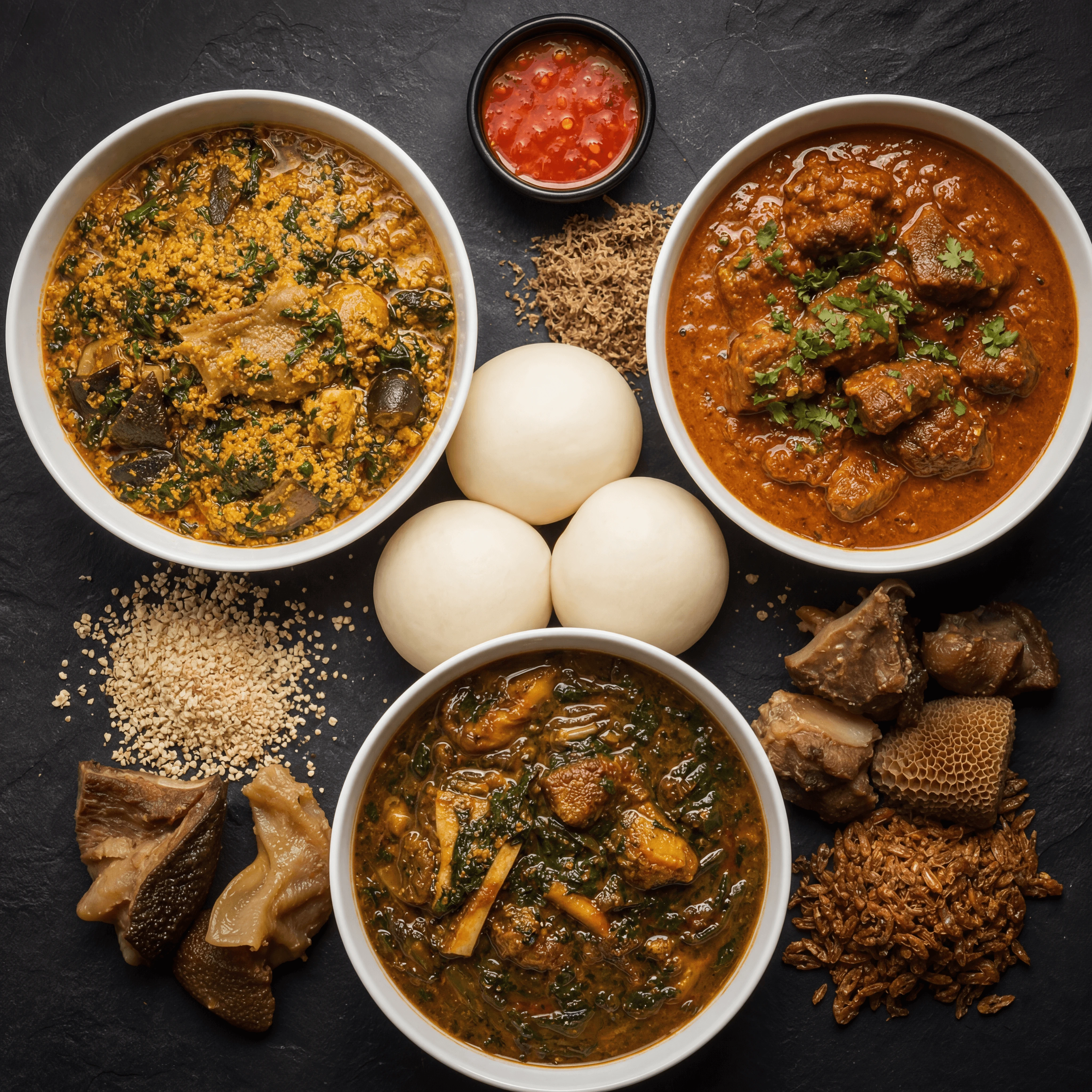 African soups egusi peanut ogbono stews fufu bowls overhead dark slate — african soup card photography