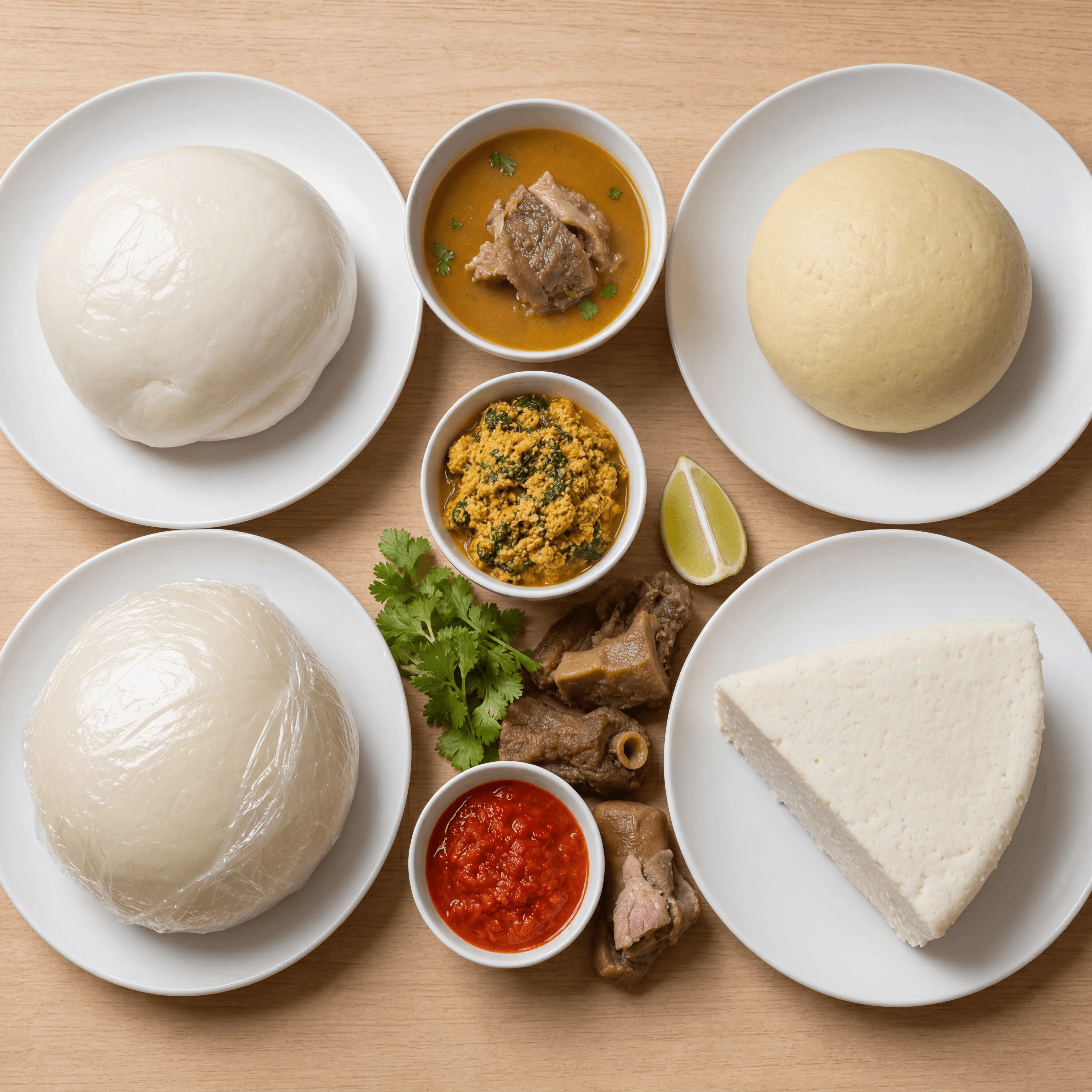 African starchy sides pounded yam fufu banku ugali overhead light wood — fufu card photography