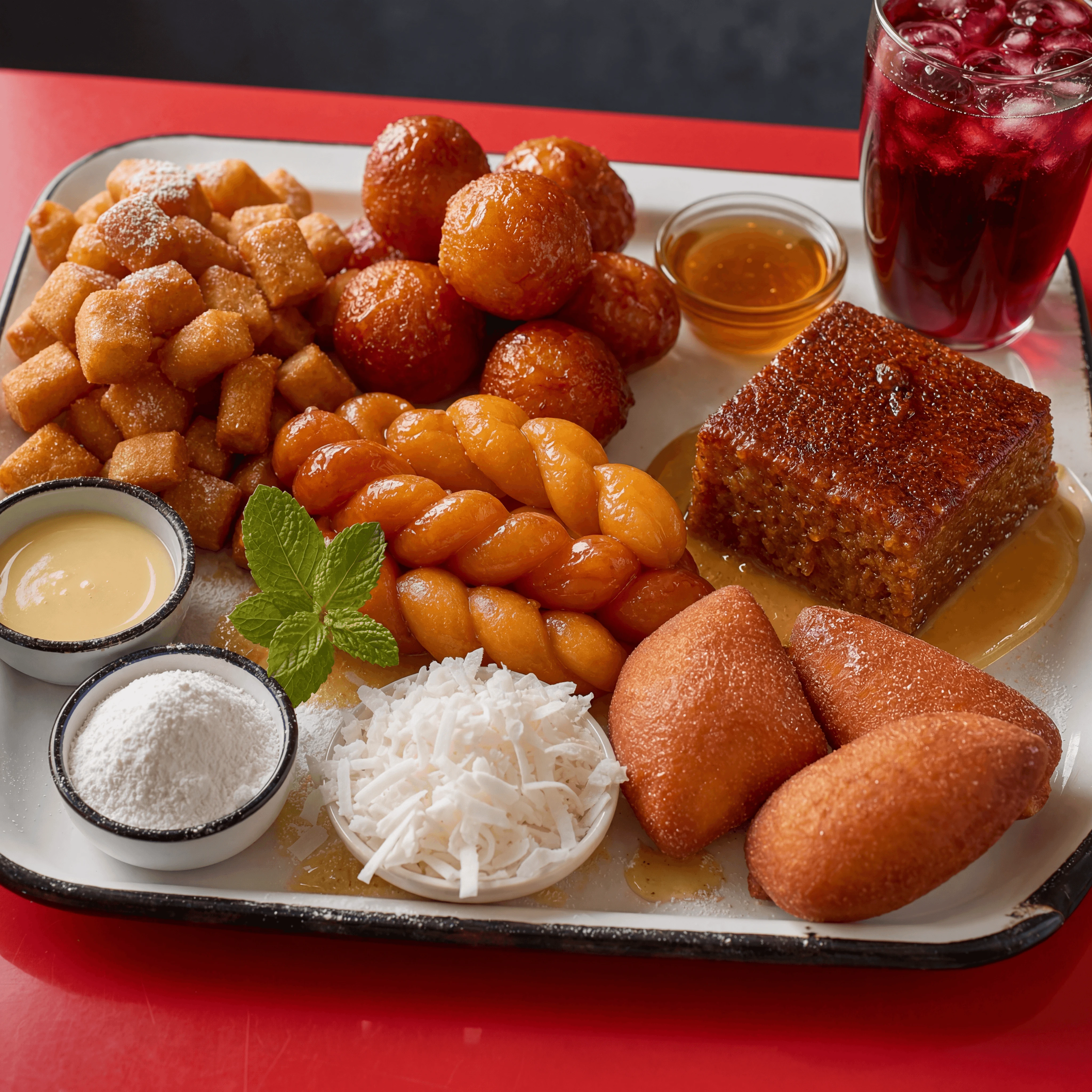 African snacks chin chin koeksisters malva puff puff sweets red cafe — african snacks card photography
