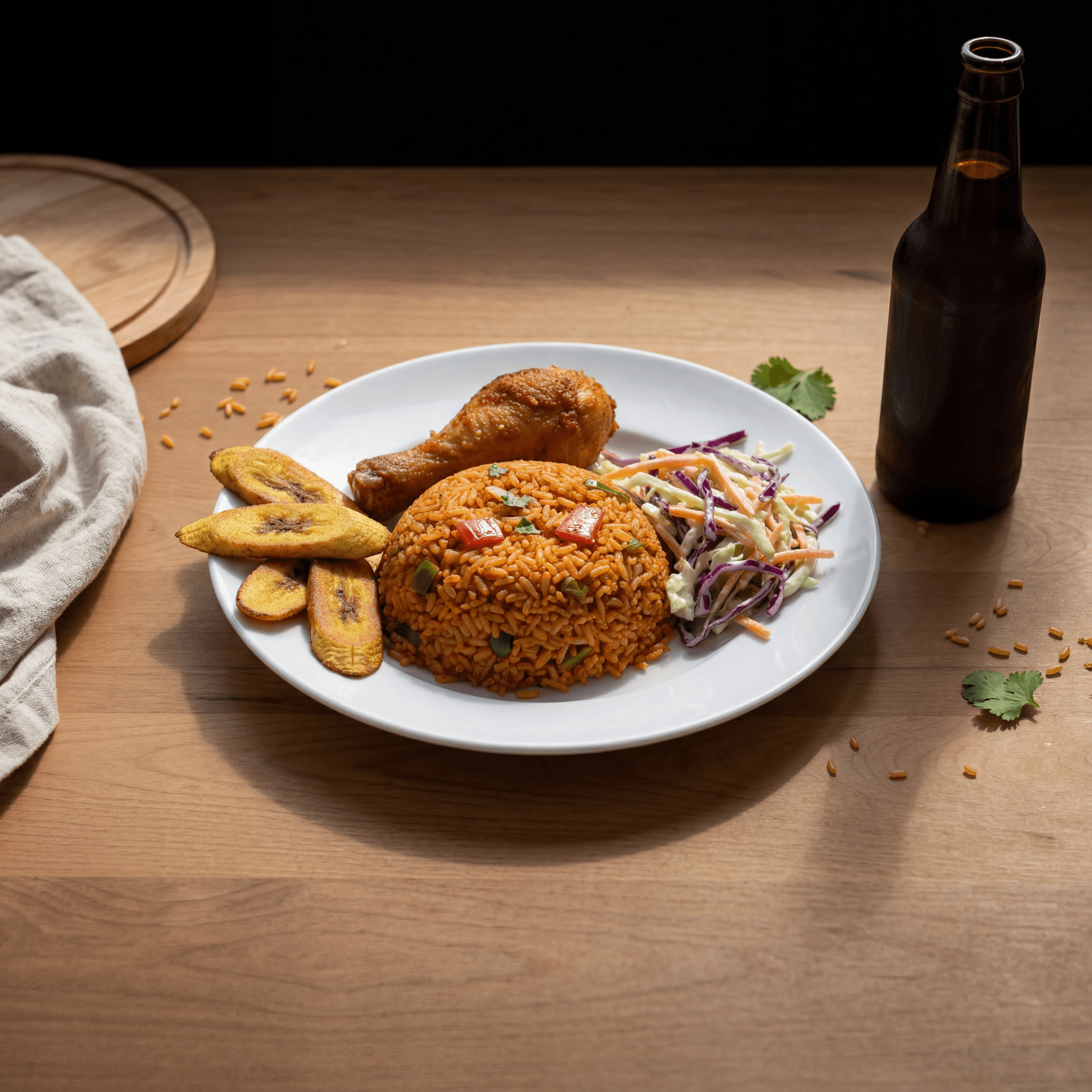 Jollof rice red tomato pepper rice chicken plantain macro plate West African — iconic jollof FAQ sidebar photography