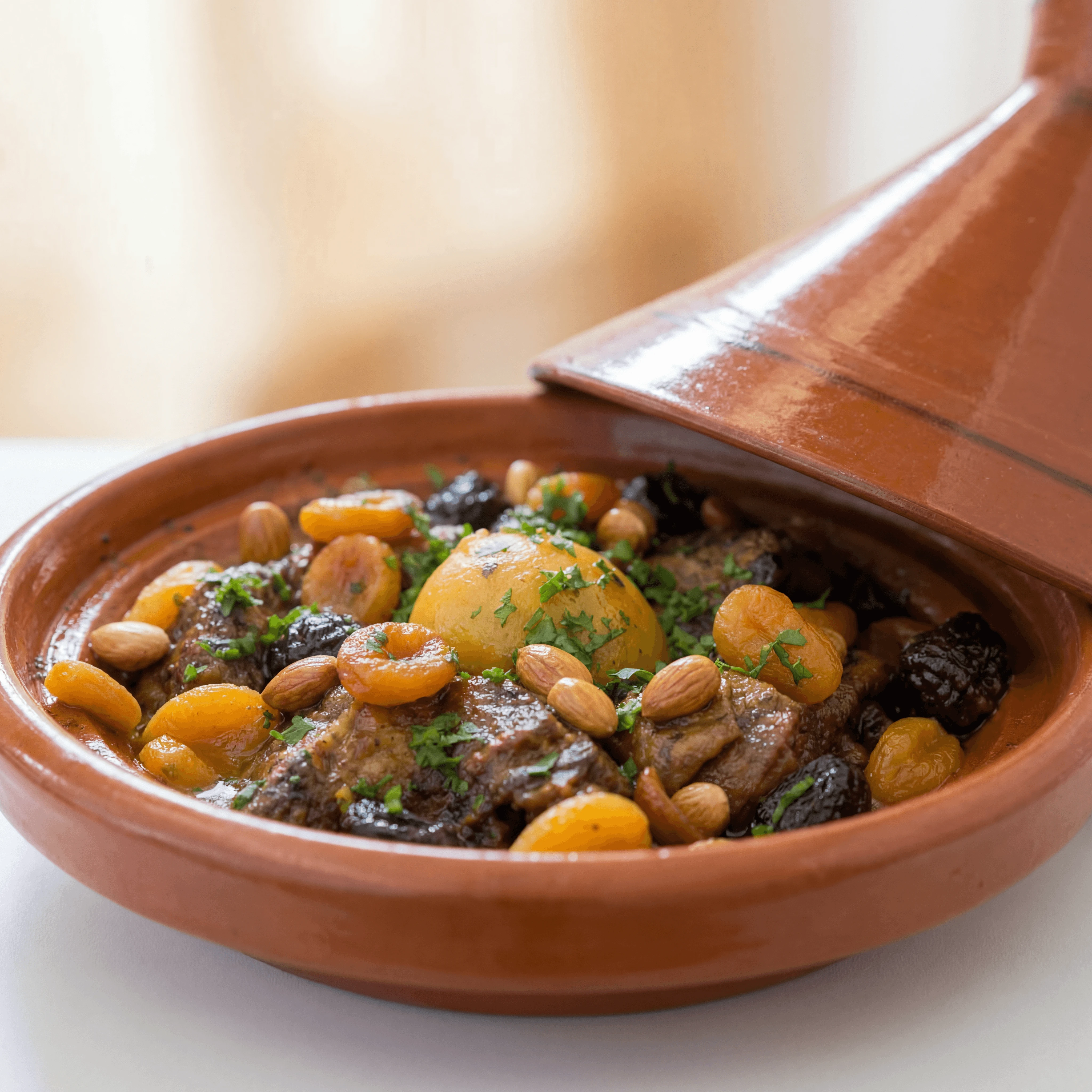Moroccan tagine conical clay pot lamb apricot olives preserved lemon North African — tagine hero photography
