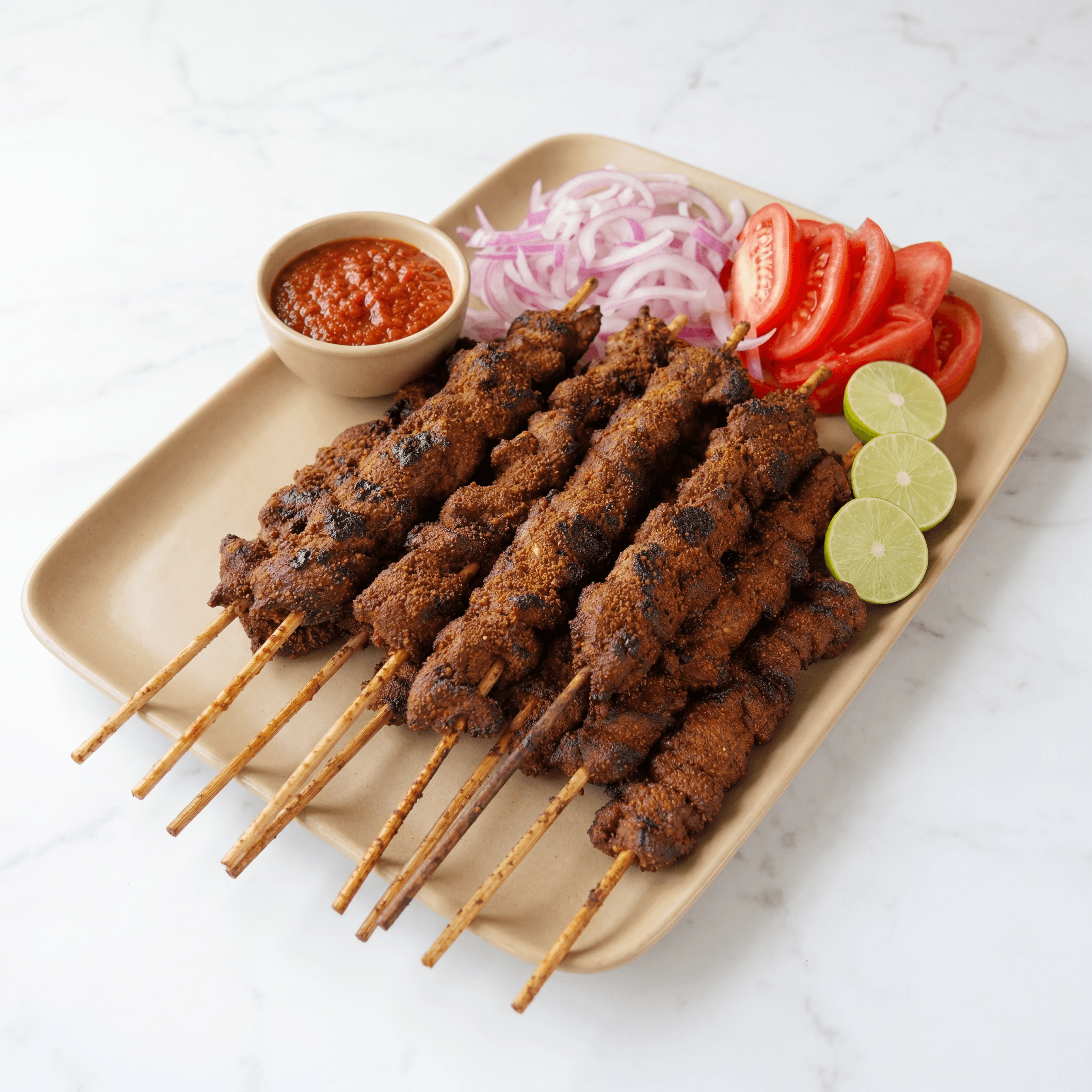 Suya beef skewers yaji peanut spice grilled onion West African overhead — suya hero photography