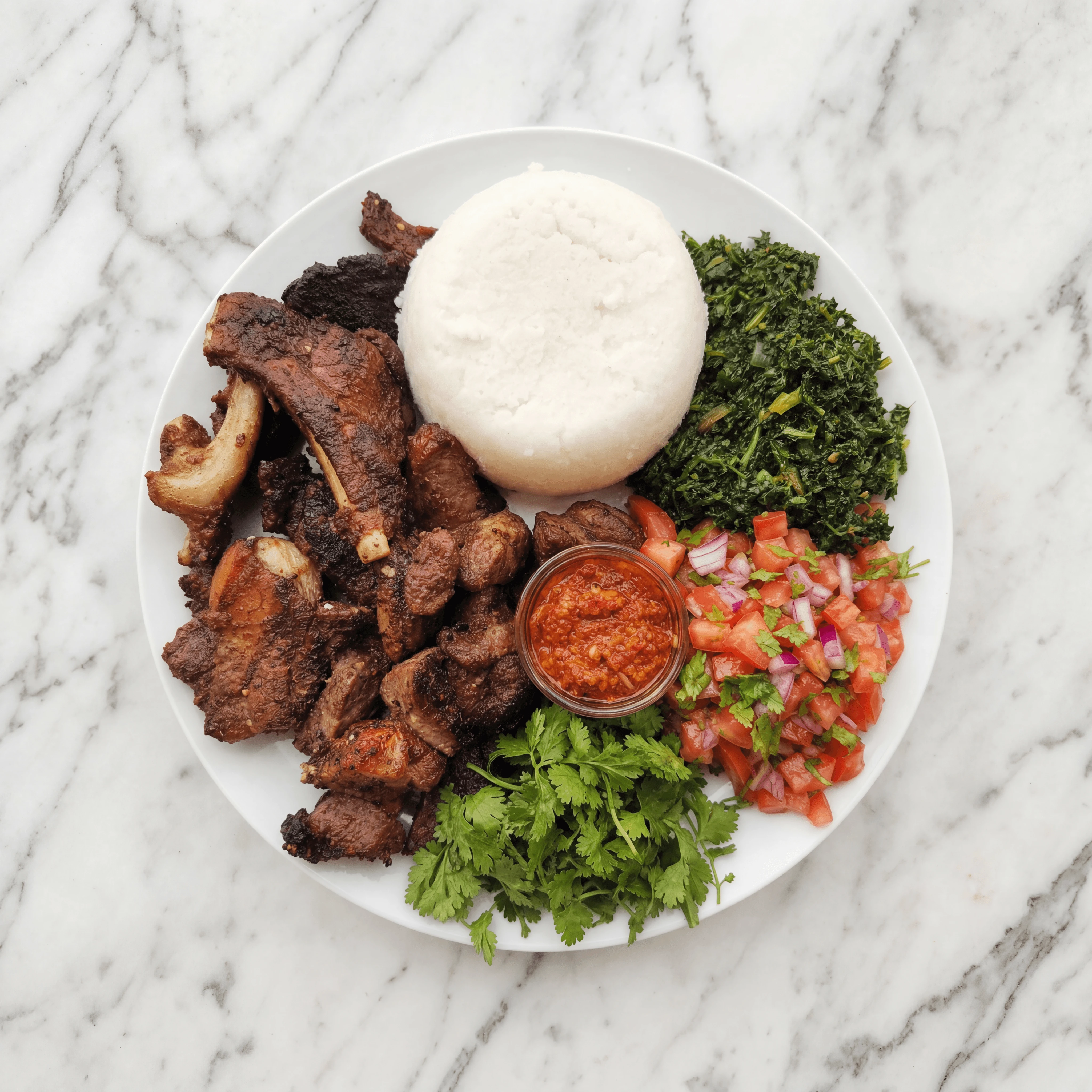 Nyama choma grilled goat meat ugali kachumbari East African platter overhead — nyama choma hero photography