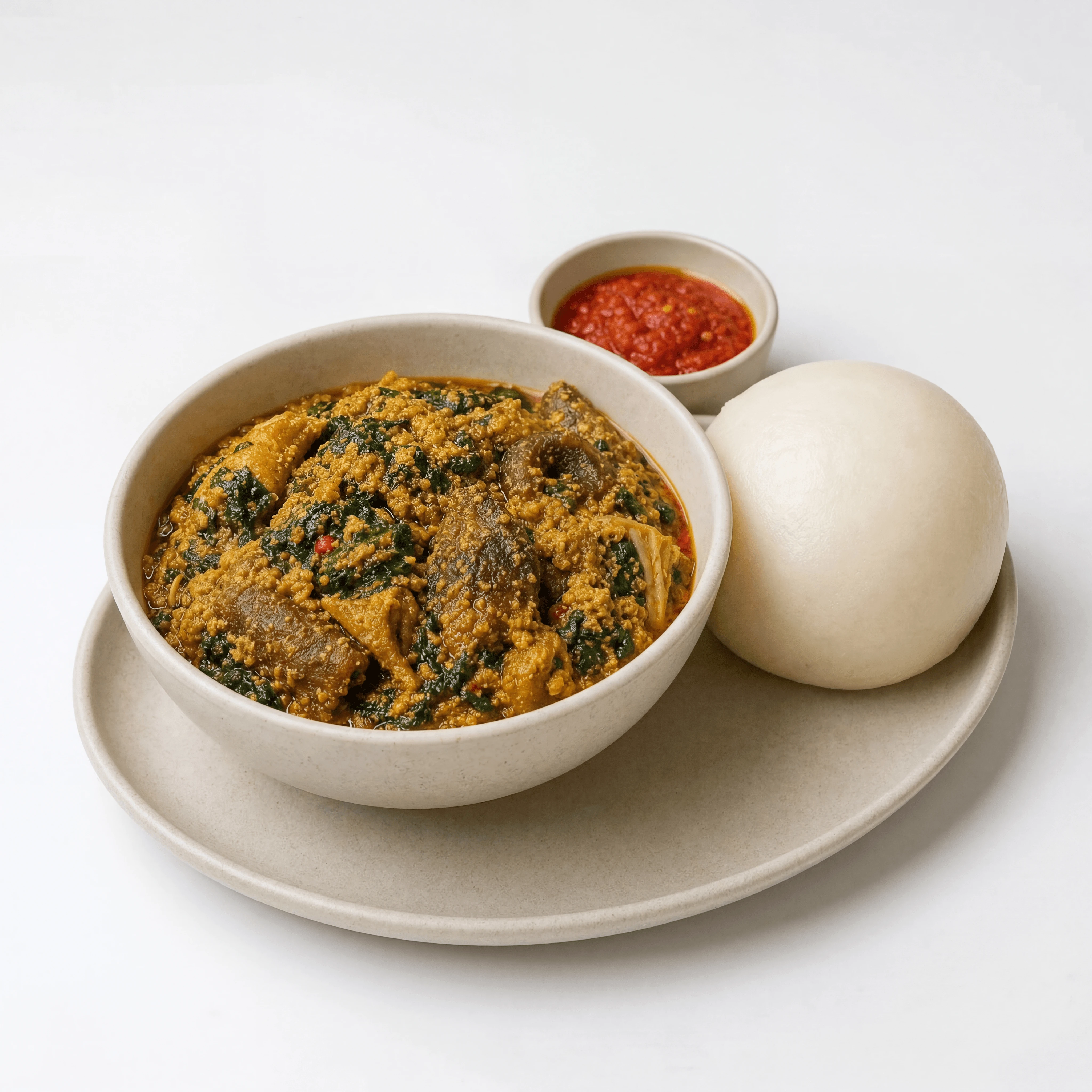 Egusi melon seed stew fufu pounded yam West African soup bowl — egusi hero photography