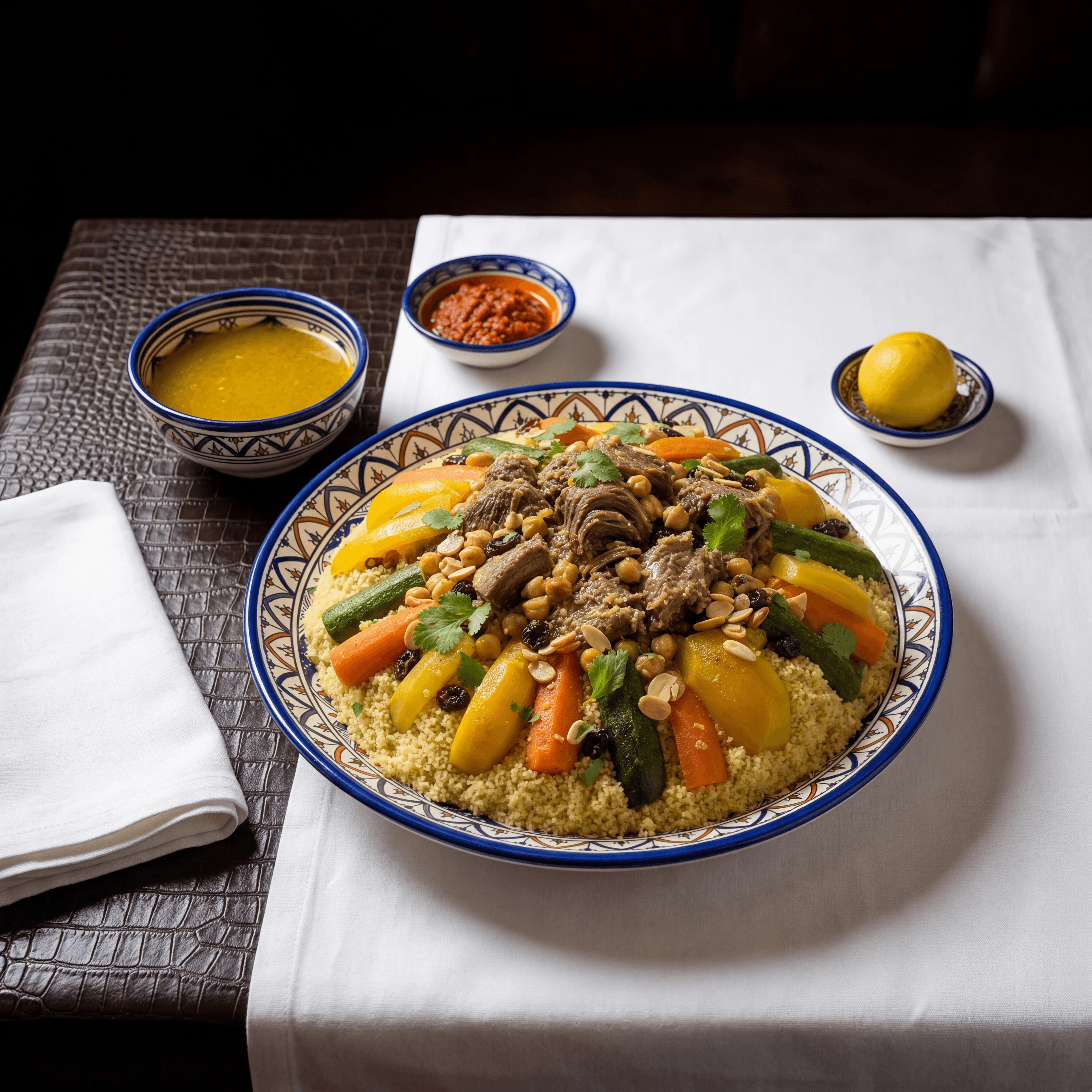 Moroccan couscous seven vegetables broth chickpeas raisins North African platter — couscous hero photography