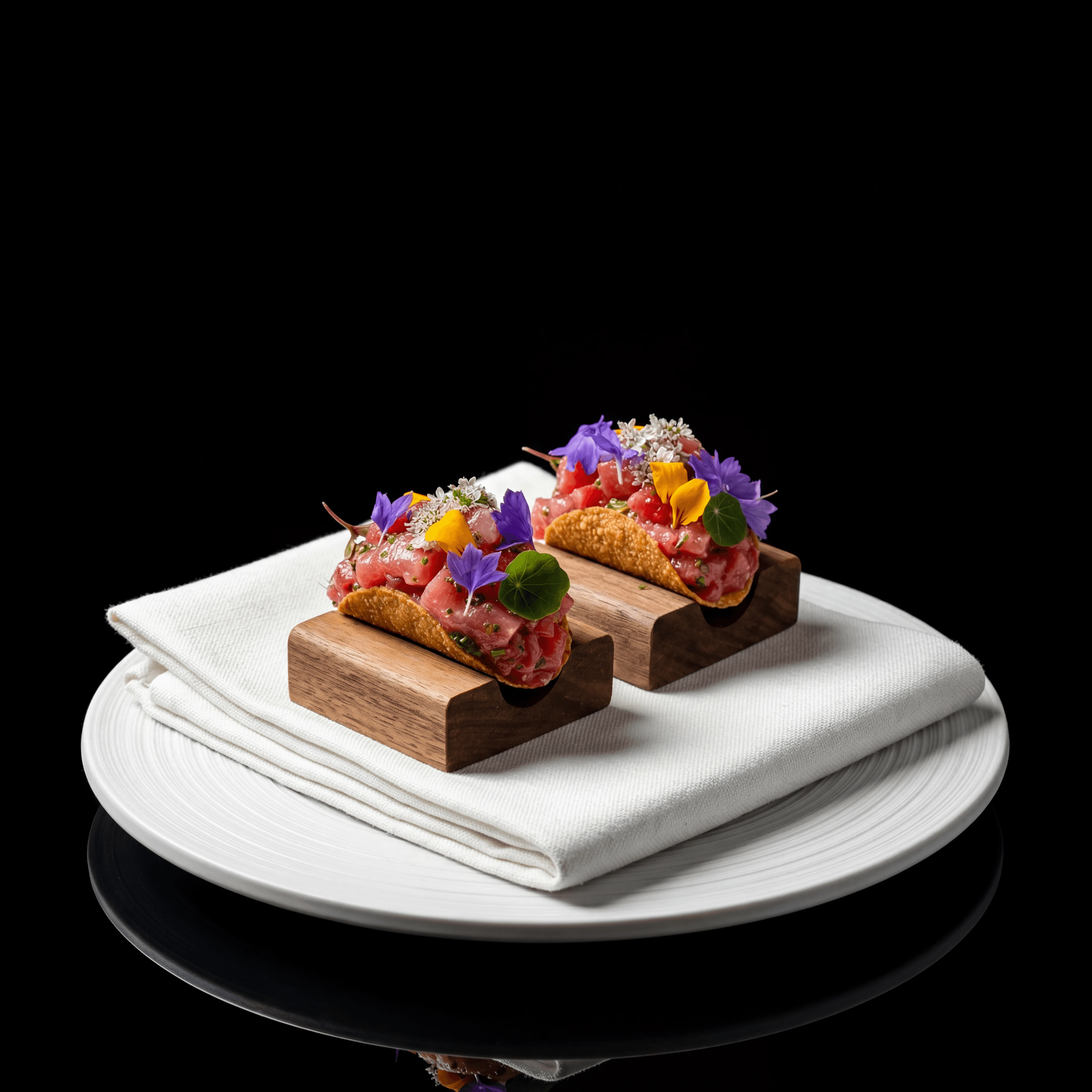 Professional bar food photo by FoodShot AI — tuna tartare taco on black studio dramatic