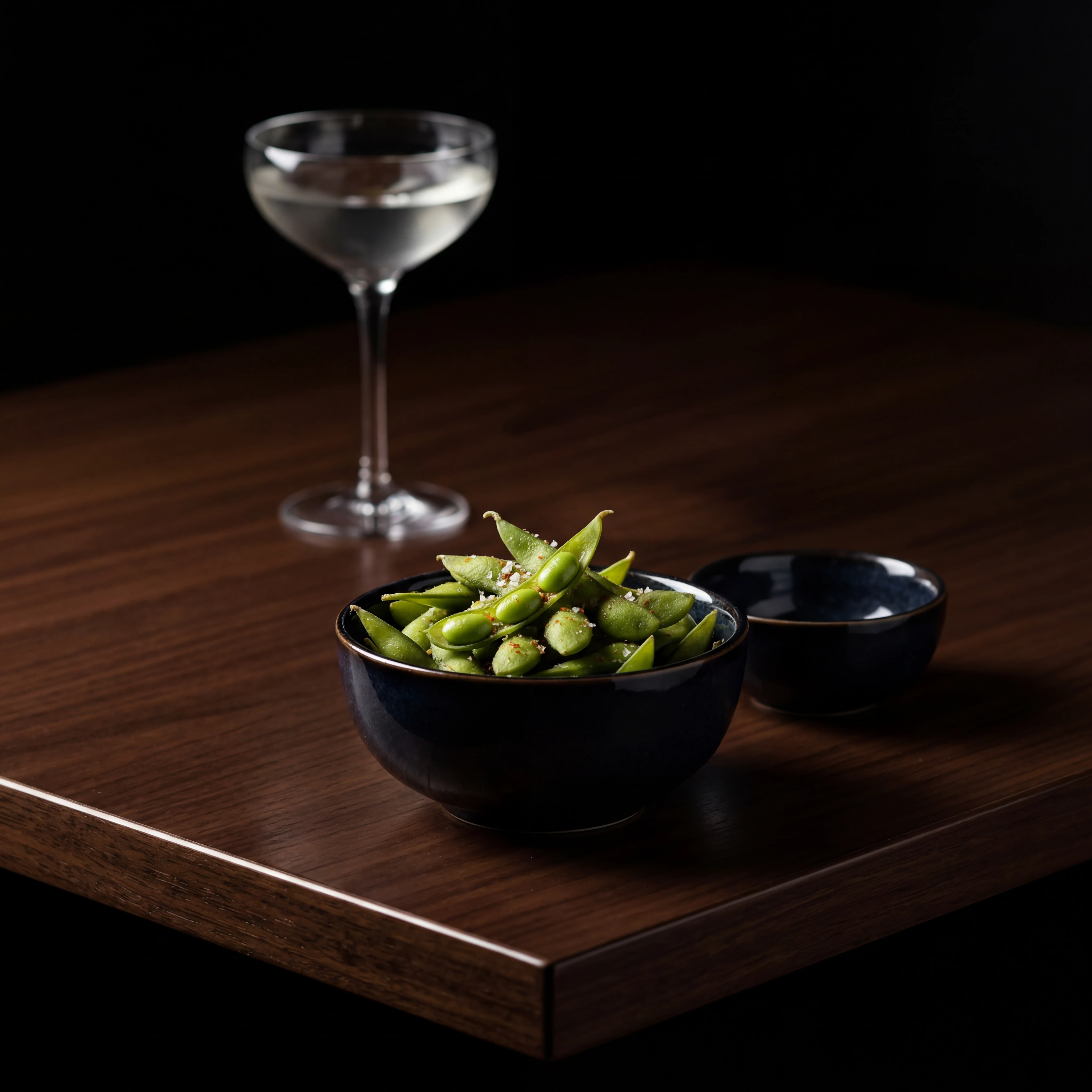Small plates food photography for bars and lounges — edamame in dark ceramic bowl