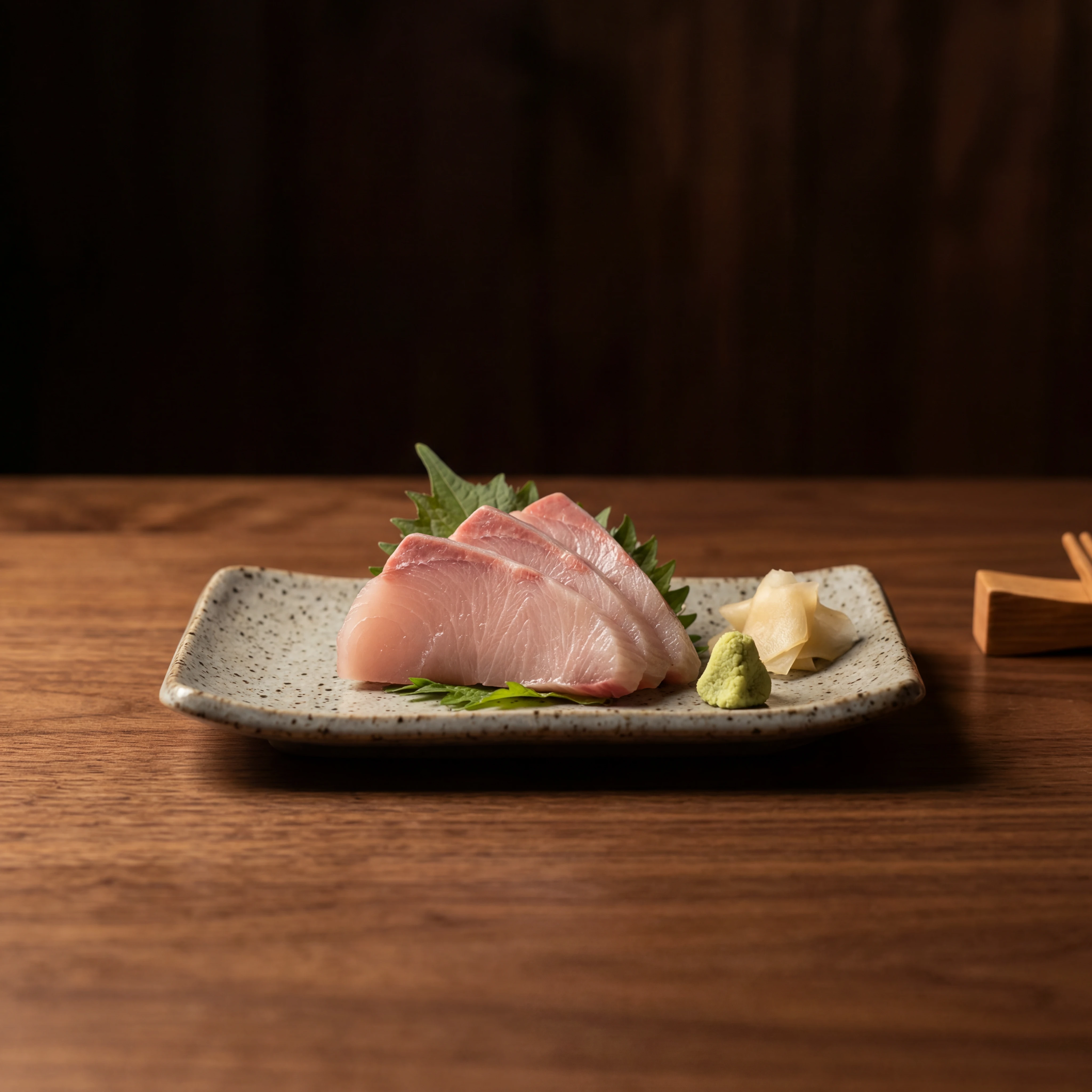 Hamachi sashimi on speckled stoneware — izakaya-style raw bar photography