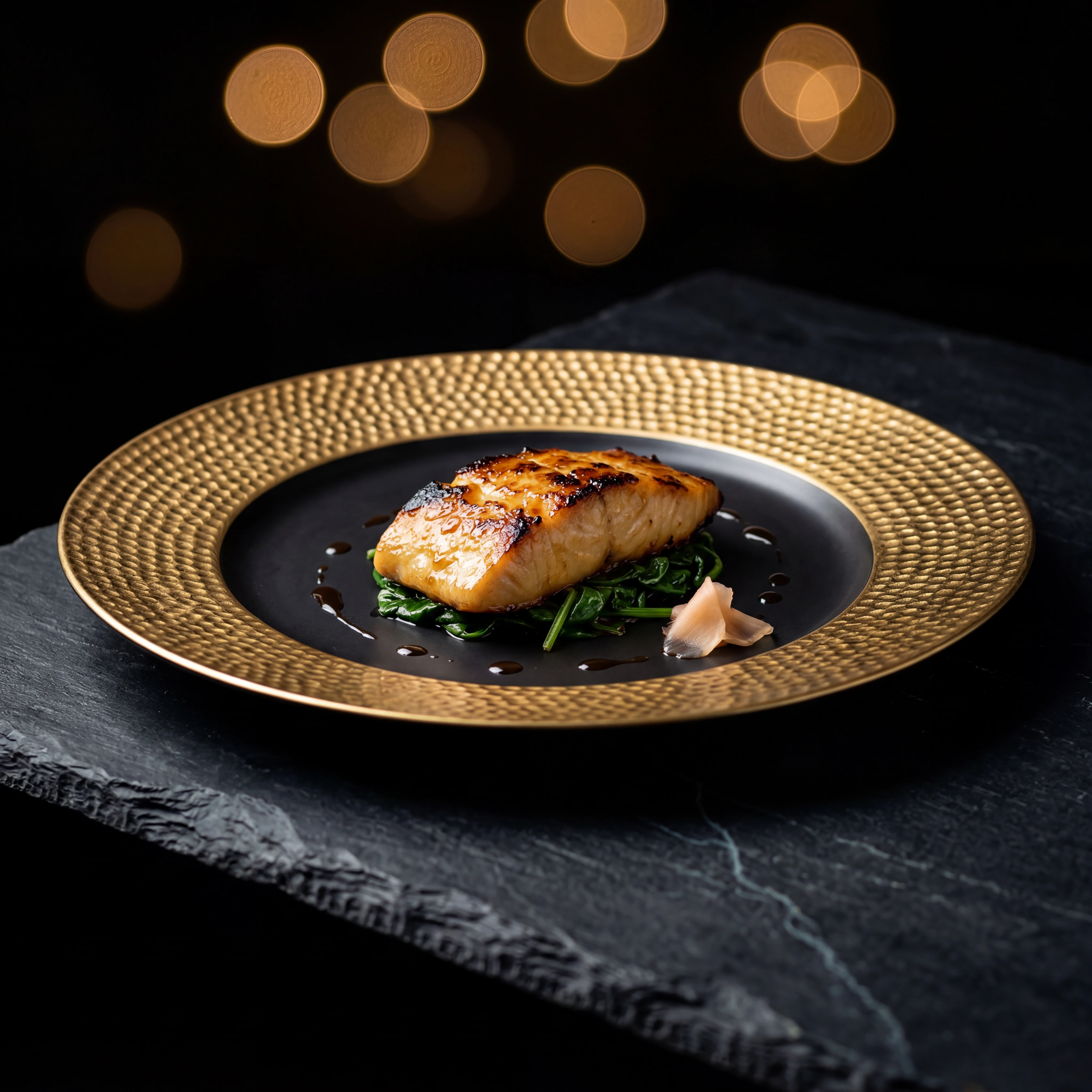 Miso black cod on gold-rimmed plate — Nobu-inspired premium bar food photography